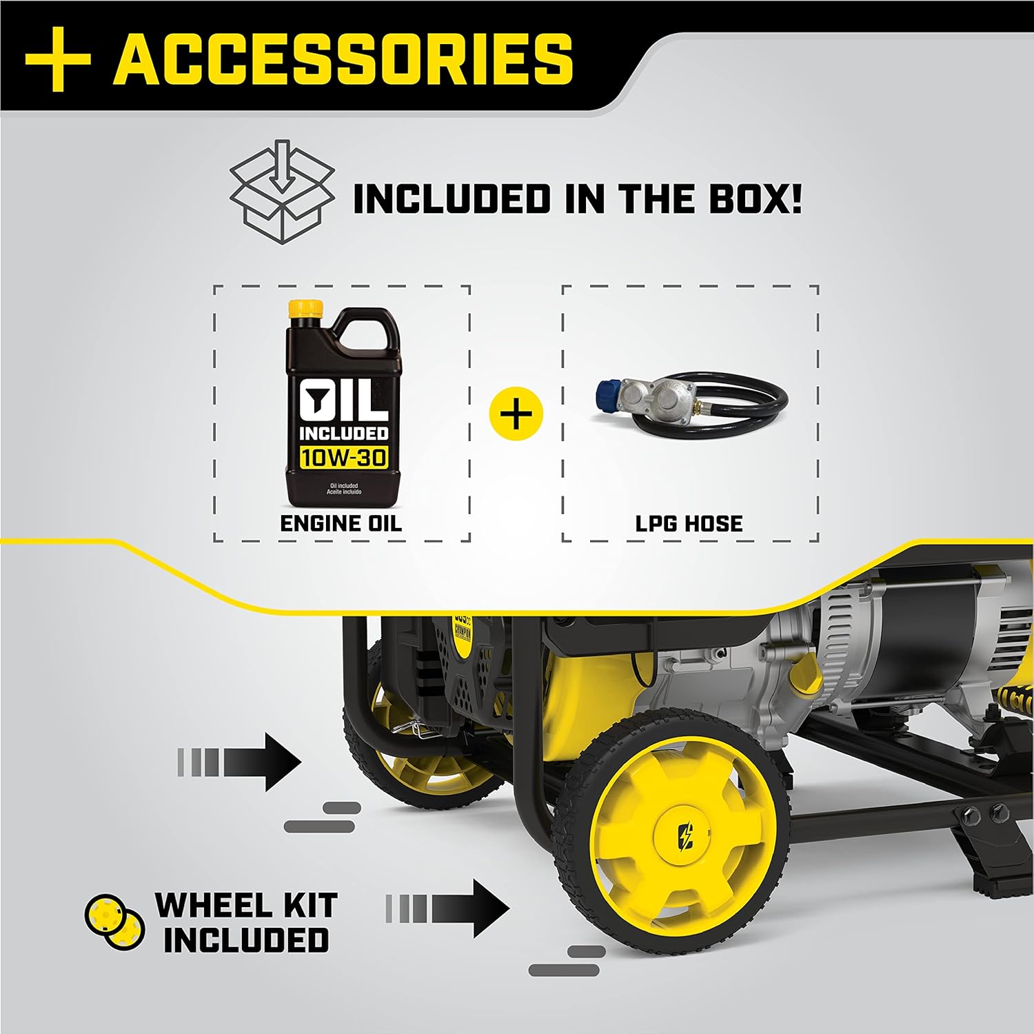 Included accessories: engine oil, LPG hose, and wheel kit