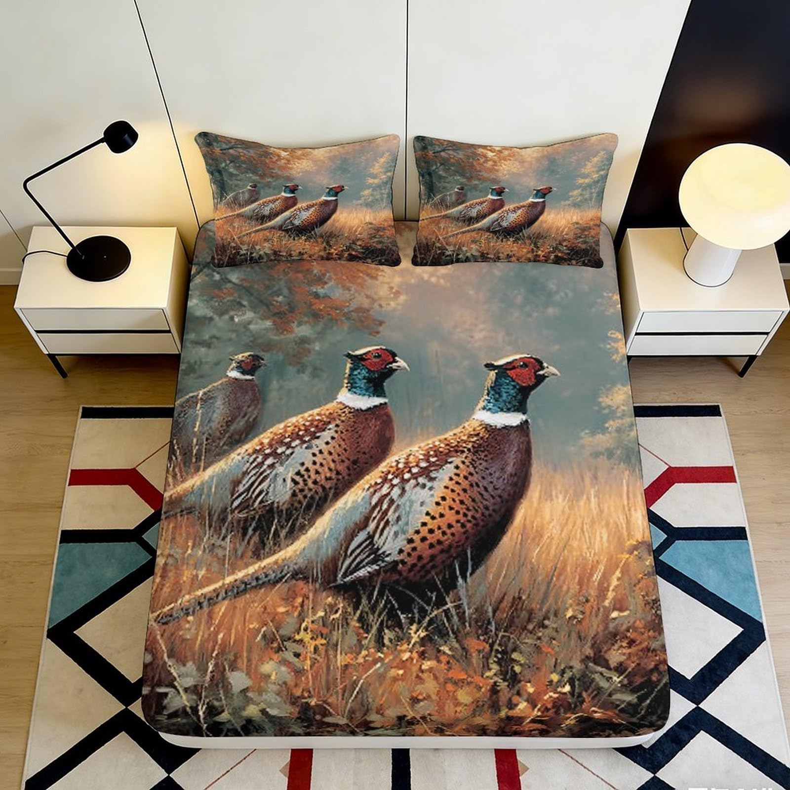 3D Printed Pheasant Pattern Fitted Sheet Microfiber Soft Durable Autumn Field Bed Cover for Bedroom Dormitory Guest Room Mattress Protection 120x200x25cm