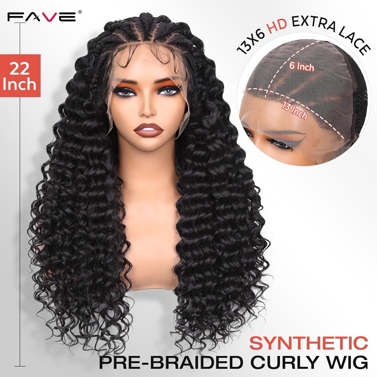 FAVE 13×6 Lace Front Wig Glueless Braided Wigs with Curly Hair 22 Inch Cornrow Braided Wigs for Black Women Synthetic Curly Wigs With Natural Baby Hair Knotless Braided Wigs for Daily Use 1B