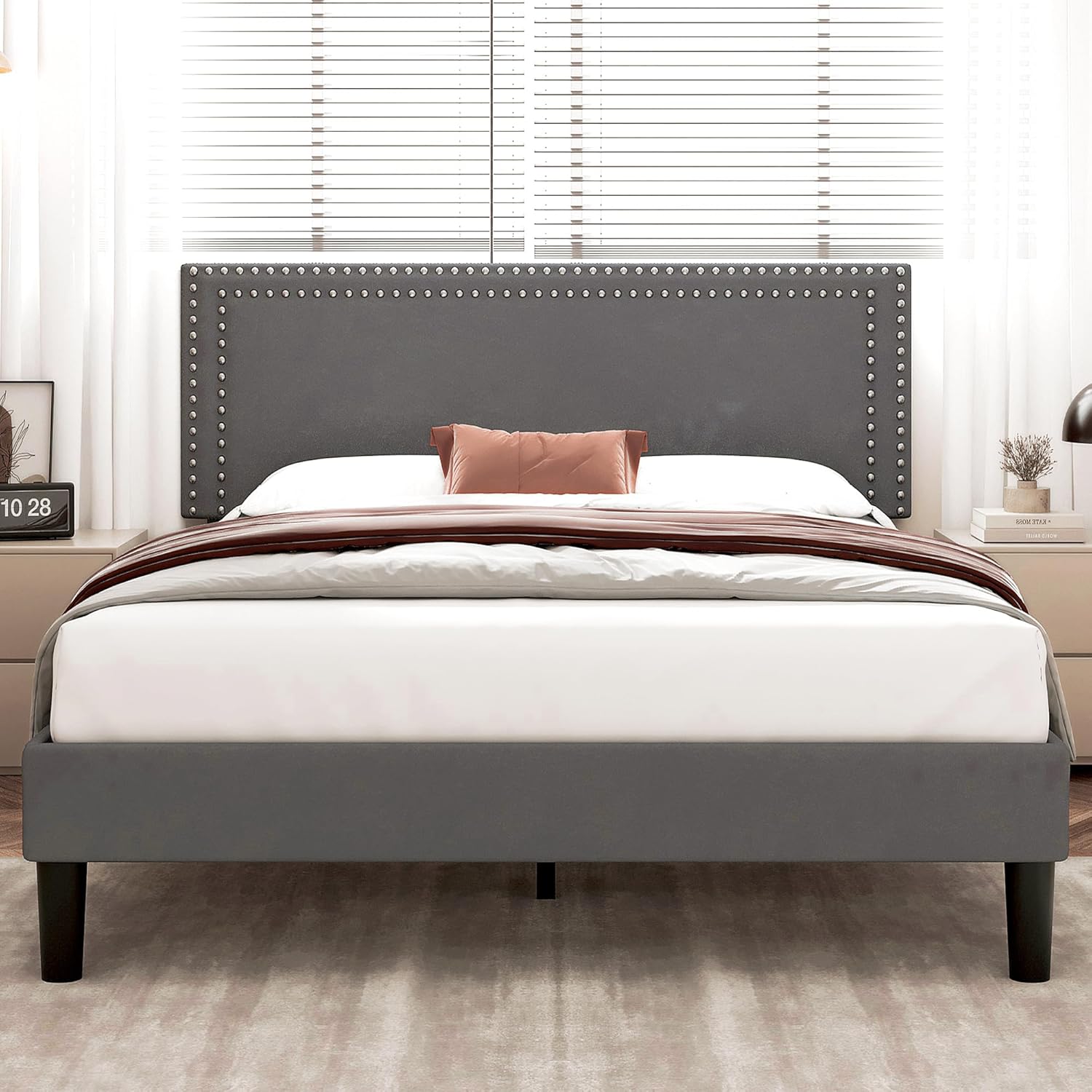 VECELO Queen Size Bed Frame with Adjustable Upholstered Headboard, Wooden Slats Platform, Noise-Free Design, No Box Spring Needed, Easy Assembly