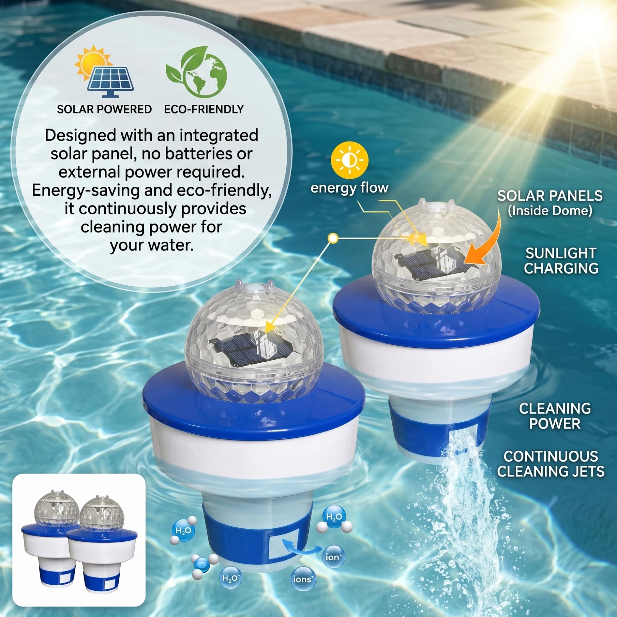 Distributeur Flottant de Chlore Solaire pour Piscine (Lot de 2), avec lumières Multicolores et débit réglable (8 Pouces).