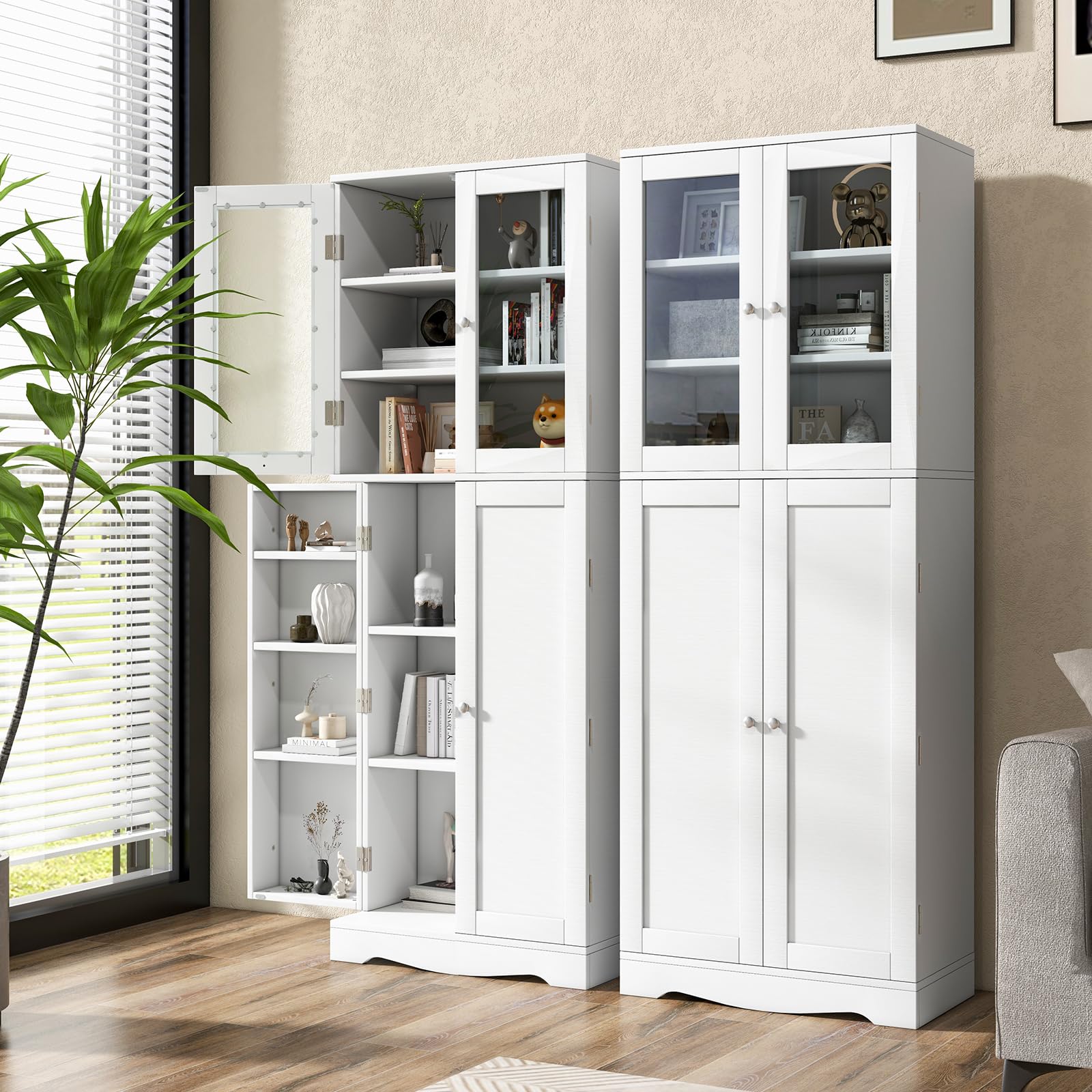 COSTWAY Credenza da Cucina, Dispensa da Cucina con Doppia Porta in Vetro Temperato, Armadio Salvaspazio con Anta Profonda a 14 Ripiani, per Soggiorno, Sala da Pranzo e Bagno, 60 x 32 x 161cm (Bianco)