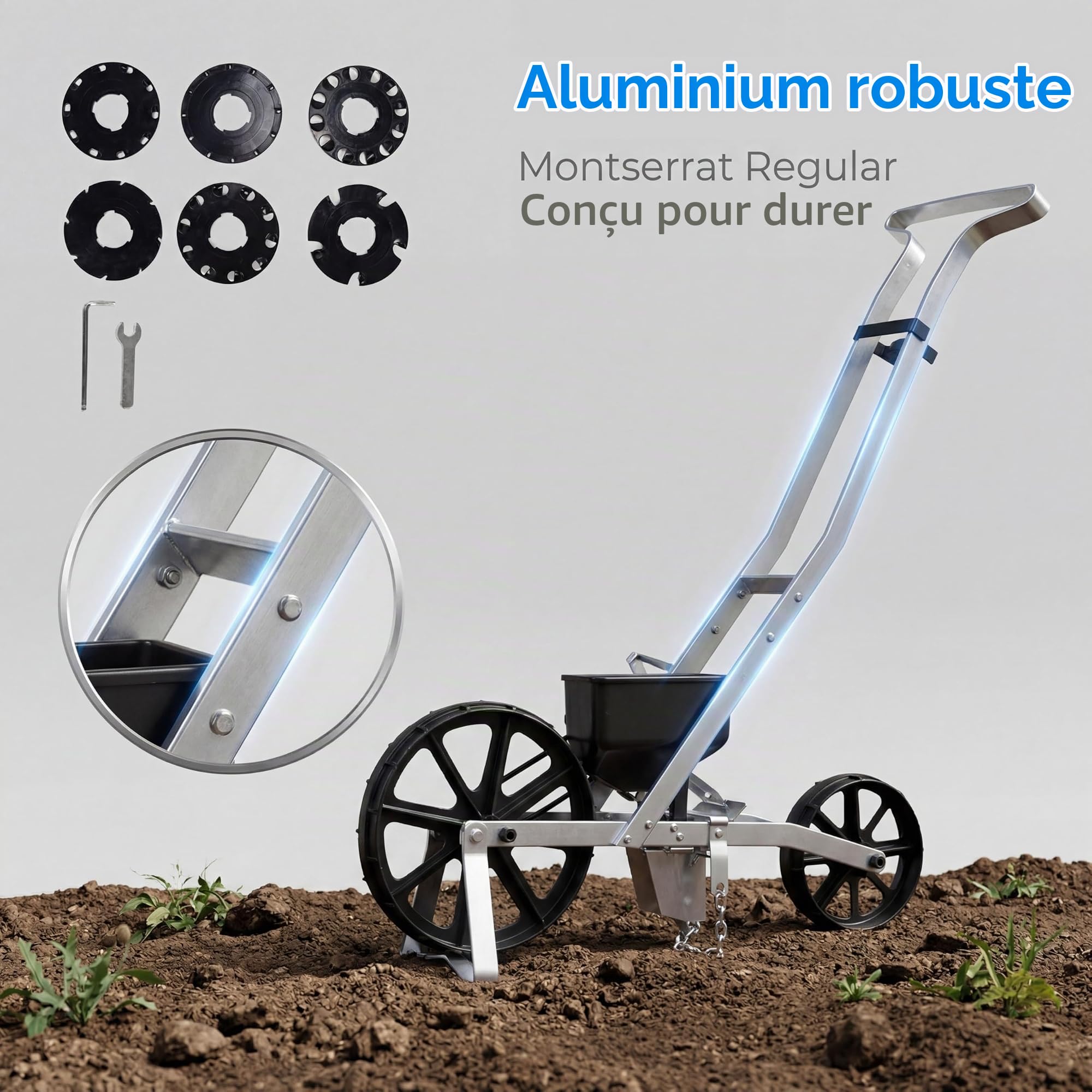 Yctze Semoir de Jardin en Rangée, Outil de Semoir de Légumes Réglable à Main pour Planter du Maïs, des Carottes, de la Laitue et des Navets, Structure en Aluminium, Idéal pour Les Jardins de Taille
