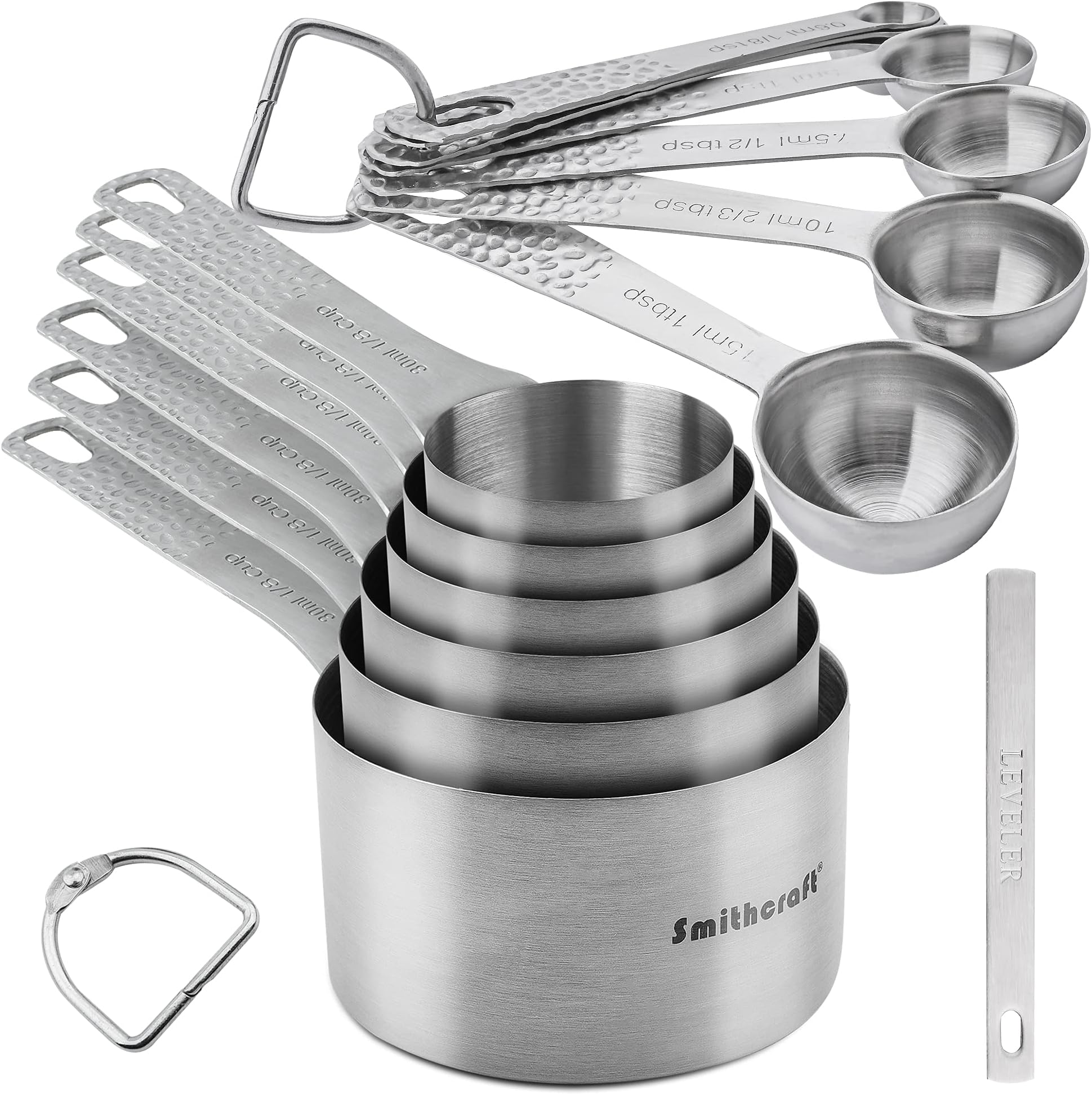 Smithcraft Measuring Cups and Spoons Set for Baking, 18/8 Stainless Steel 6 Measuring Cups with 7 Teaspoon Measuring Spoons and Leveler, Heavy Duty and Dishwasher Safe