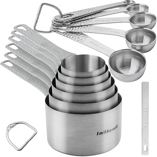 Stainless Steel Measuring Cups Spoons Set, Measuring Cups and Spoons for Baking, 18/8 Stainless Steel Measurer Cups and Measurement Spoons and 2 Rings (F: 6Cups+7Spoons)