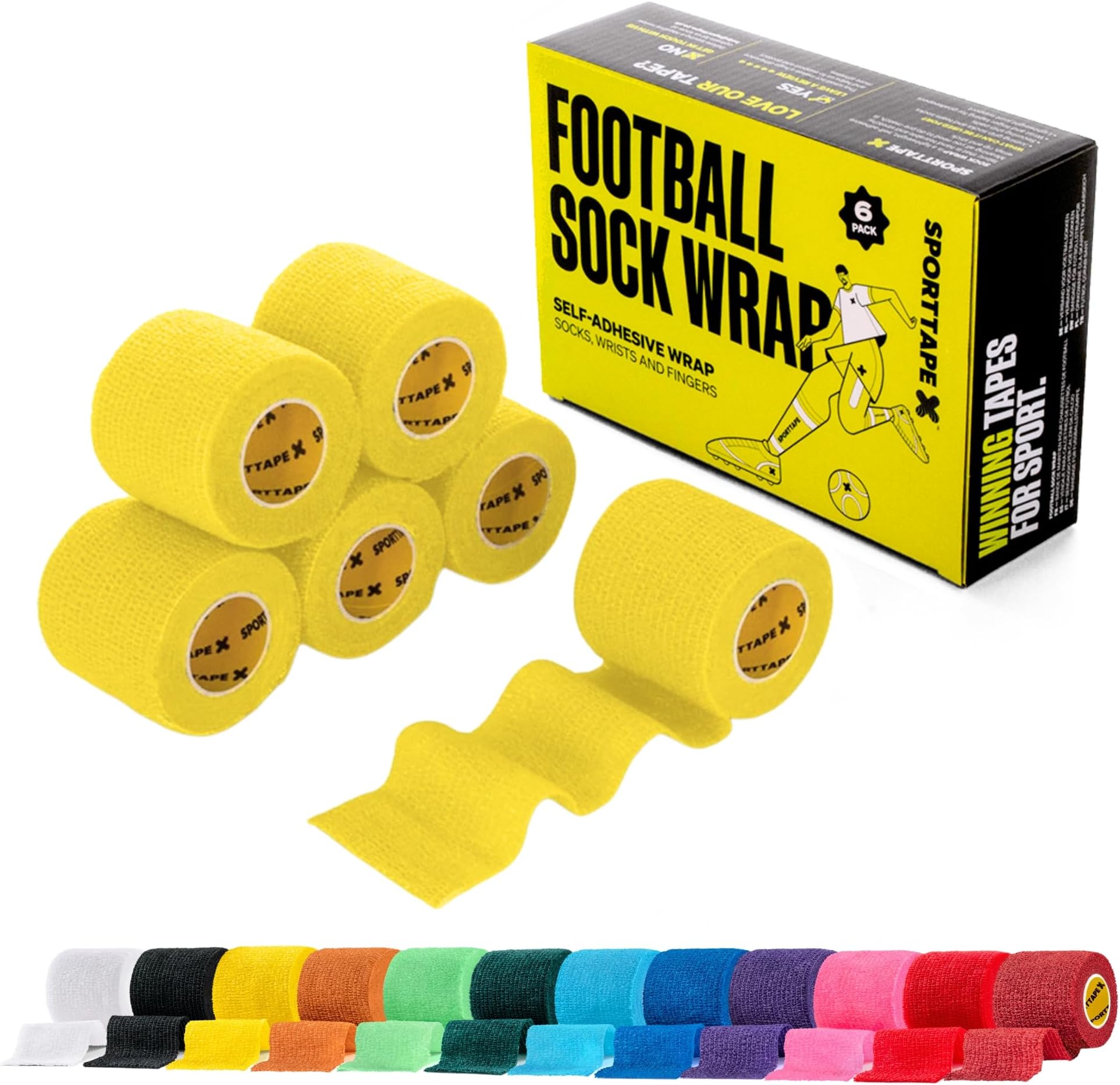 SPORTTAPE 6 Rolls Football Sock Tape, 5cm x 4.5m, Yellow - Self-Adhesive Cohesive Bandage, Compression Wrap & Sports Stretch Tape for Ankles, Joints, Socks, Vet, Pet Wrap for Dogs and Horses