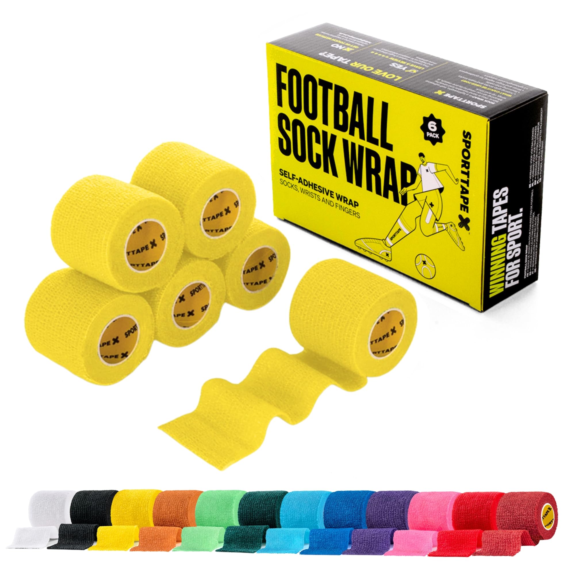 SPORTTAPE 6 Rolls Football Sock Tape, 5cm x 4.5m, Yellow - Self-Adhesive Cohesive Bandage, Compression Wrap & Sports Stretch Tape for Ankles, Joints, Socks, Vet, Pet Wrap for Dogs and Horses