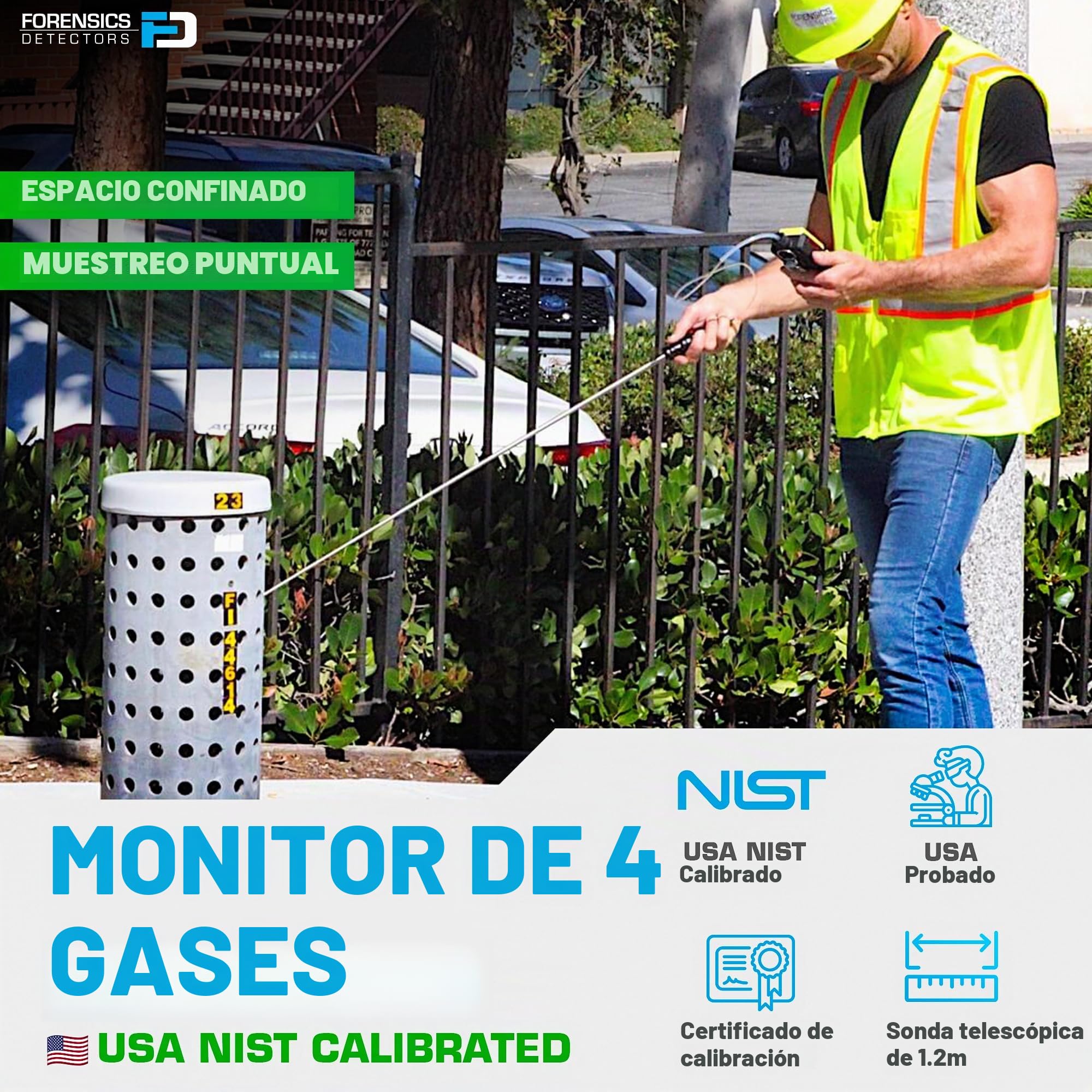 Monitor de 4 Gases | Certificado de Calibración EU | Detector Multigas | Bomba Integrada y Sonda de 4 Pies | O2, CO, H2S, LEL