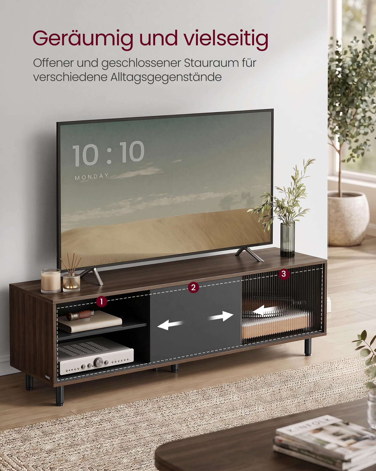 VASAGLE TV-Schrank Lowboard, Snapsemble – superschnelle Montage, Fernsehtisch für Fernseher bis 32/45/50/55/60 Zoll, Modernes Design, Wohnzimmer, Riffelglas, 140 x 39 x 45 cm, Schwarz LTV466K02
