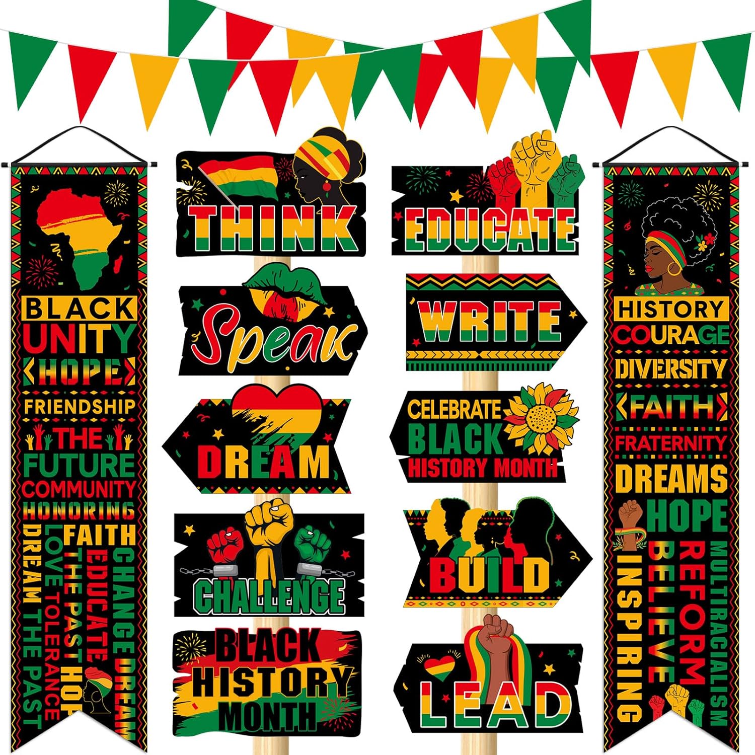 Pasimy 14 Pcs Black History Month Decorations Black History Month Hanging Banner Triangle Flag Porch Sign Yard Signs Decoration for African American Heritage Festival Party Supplies Favor