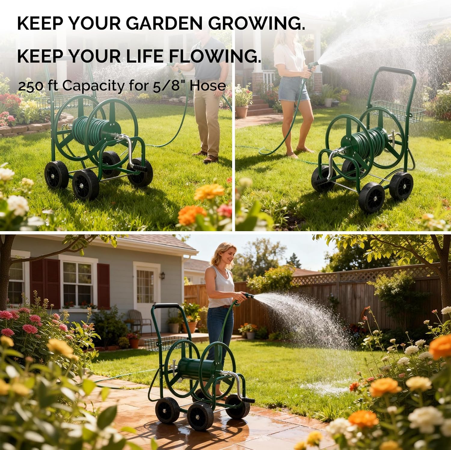 VINGLI 4-Wheel Garden Hose Reel Cart with Storage Basket, Portable Residential Hose Reel Cart, Lawn Watering, for Garden Backyard and Farm (Green 250FT)