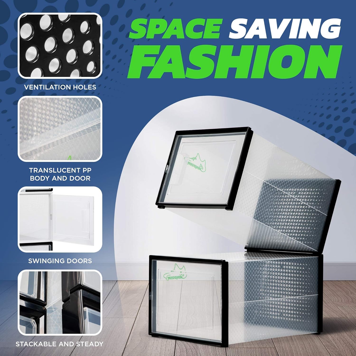 BLACK LARGE 6 pack - 14.6 Inches Long for BIG Shoes & Sneakers, Shoe Storage Organizer, Shoe Storage Boxes, Shoe Box Clear Plastic Stackable, Shoe Containers, Shoe Organizer for Closet