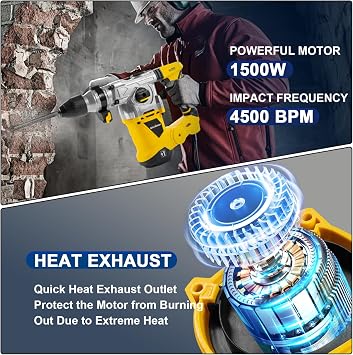 Enventor Rotary Hammer Drill with Safety Clutch, 13 A, 1-1/4 Inch SDS-Plus | Heavy Duty, 4 Modes, 0-850 RPM, 62 MM Concrete Capacity, 360 Handle, 3 Drill Bits, 2 Chisels and Carrying Case, Yellow