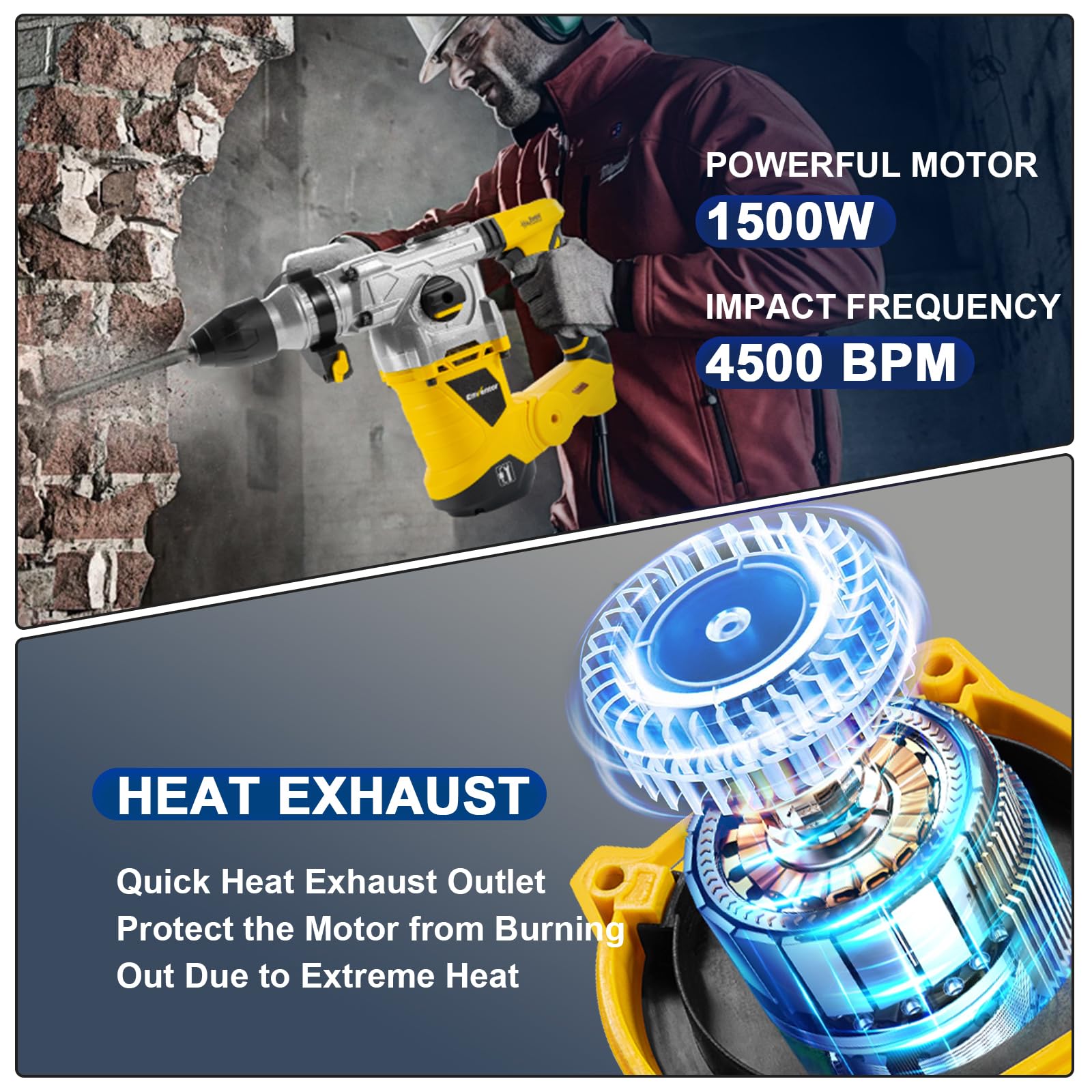 ENVENTOR SDS-Plus Bohrhammer, 1500W Schlagbohrmaschine, 6Joule Abbruchhammer mit Anti-Vibrationsgriff, Max 4500 BPM, 4 Funciones Kombihammer, Max Bohrleistung in Beton(32mm), Metall(13mm), Holz(40mm)