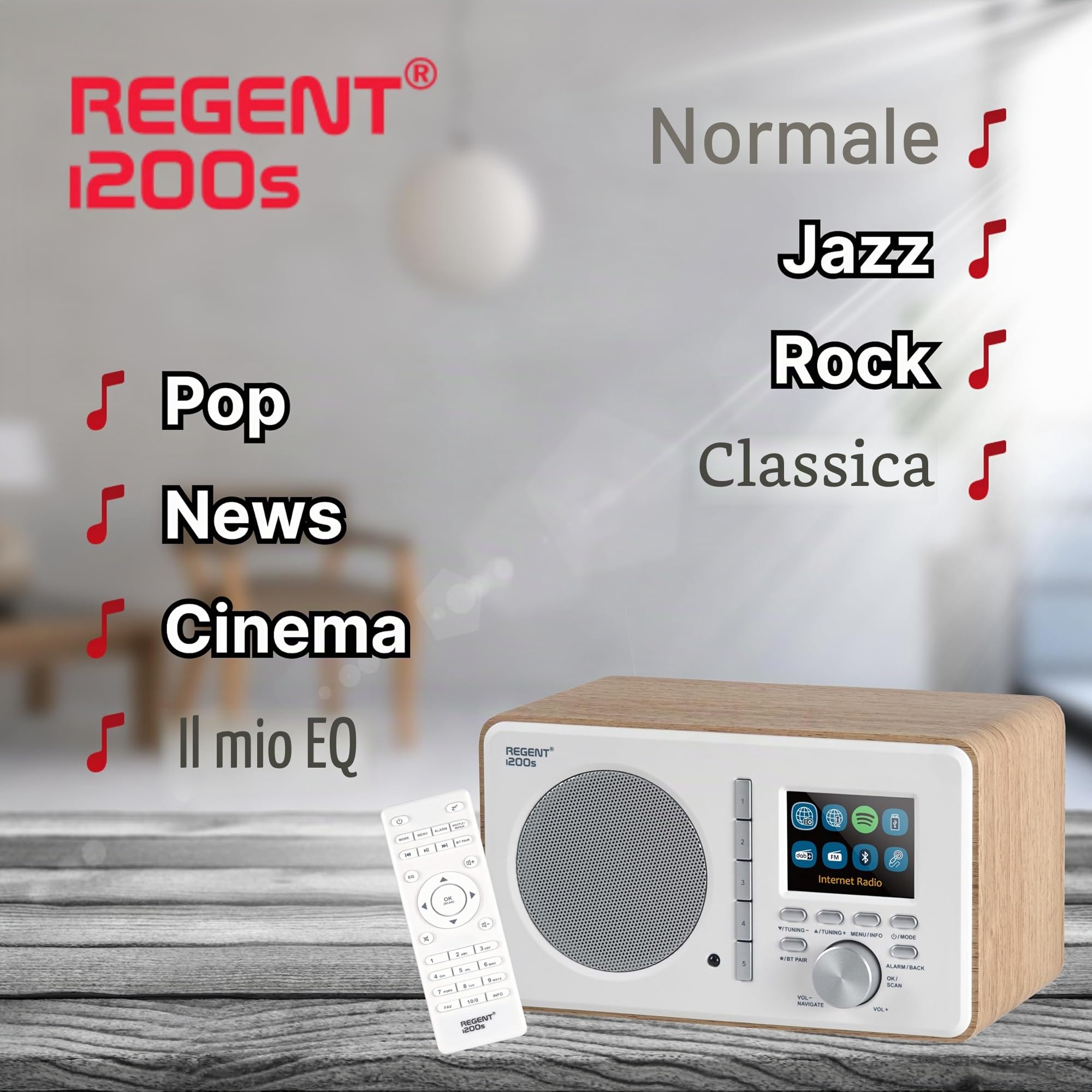 Ferguson Regent i200s Radio Internet WLAN Bluetooth FM DAB DAB+ UHF Spotify Connect Radiosveglia Equalizzatore Display a colori USB AUX-IN Sleep Timer Controllo App Telecomando