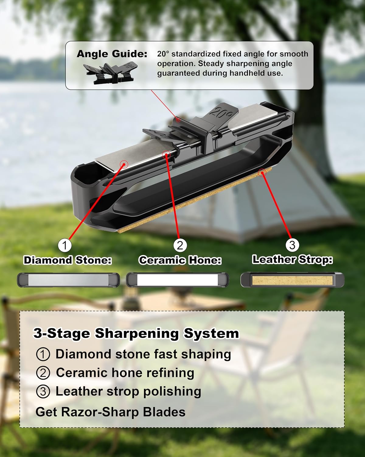 Handheld Angle Guide Knife Sharpener with 20° Angle Guide, Dual-Sided Stone