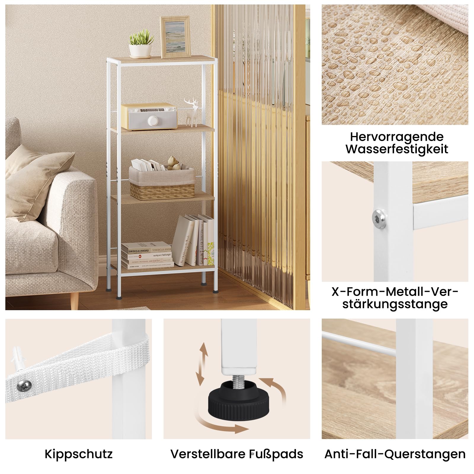 WOLTU Étagère Rangement, Étagère Étroite à 4 Niveaux, en MDF avec Cadre Métallique, Chêne Clair+Blanc, L50xP20xH110cm, RGB53whe