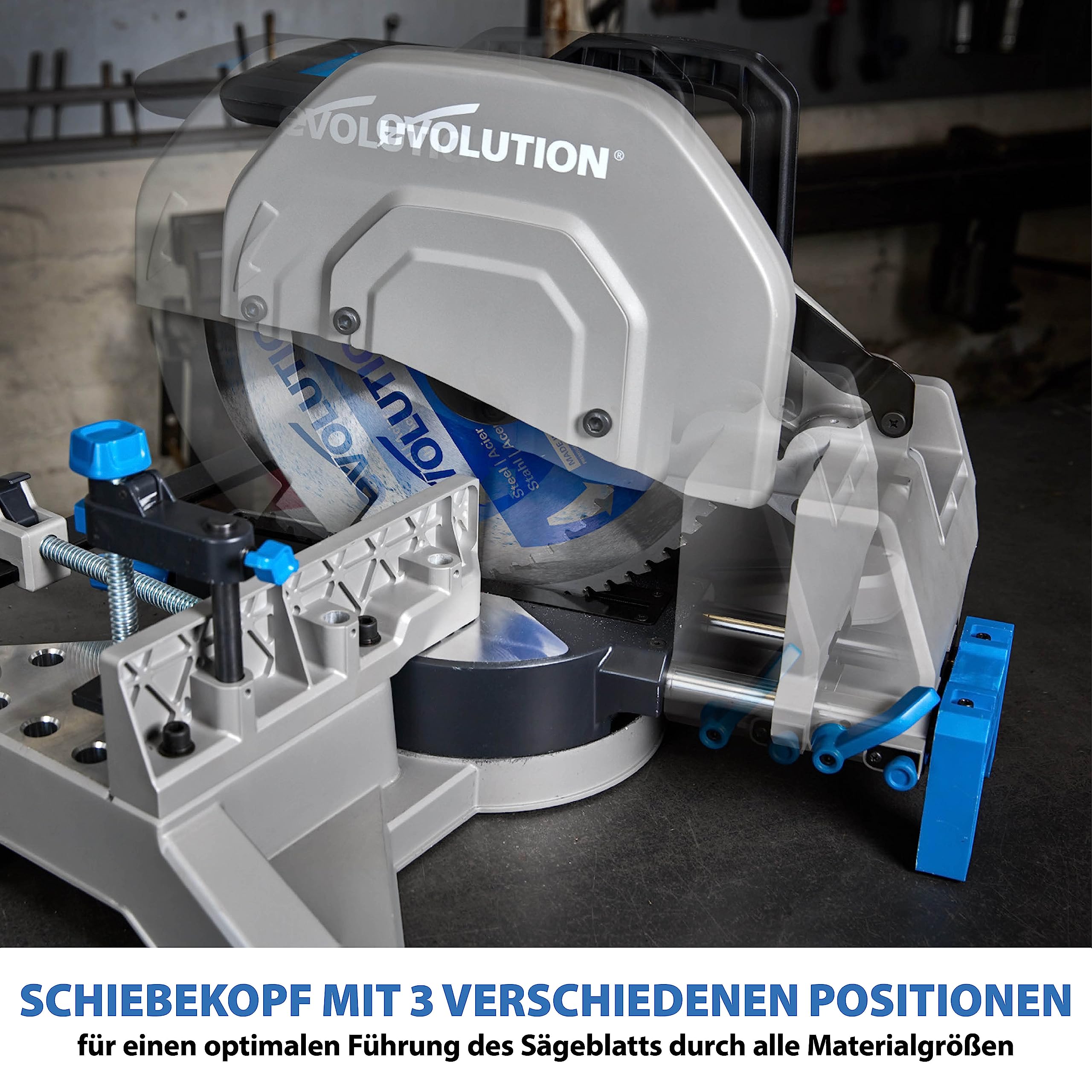 Evolution Gehrungssäge / Kappsäge S355MCS | 2,200 W Zug-Kapp-Gehrungssäge | Inkl. Ø 355 mm HM-Sägeblatt zum Schneiden von Baustahl | +/- 46˚ Gehrung, 3 Spannvorrichtungen, Metallsäge Elektrisch Säge