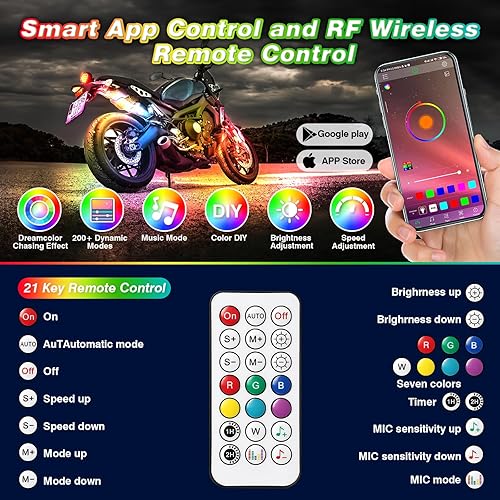 Miniatura 3 de Dreamcolor RGB+IC - Kit de luces LED para motocicleta con control remoto APPRF, luces LED de neón de 12 V, impermeable, multicolor para Harley Honda