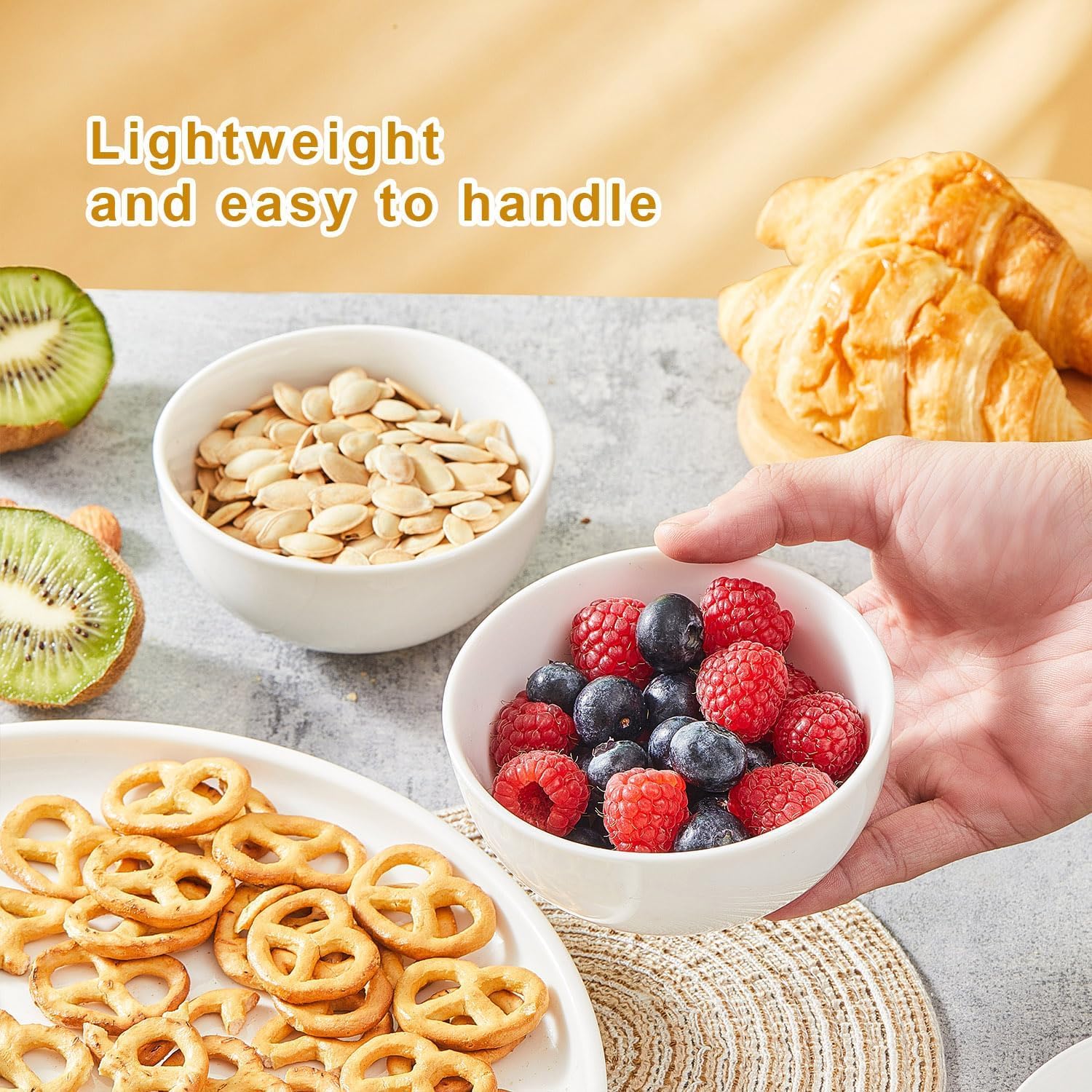 AntoKueh White Ceramic Cereal Bowls 11.4cm, 400ml Small Bowls Set of 6 for Kitchen Cooking Breakfast, Dessert, Rice, Jello - Image 4