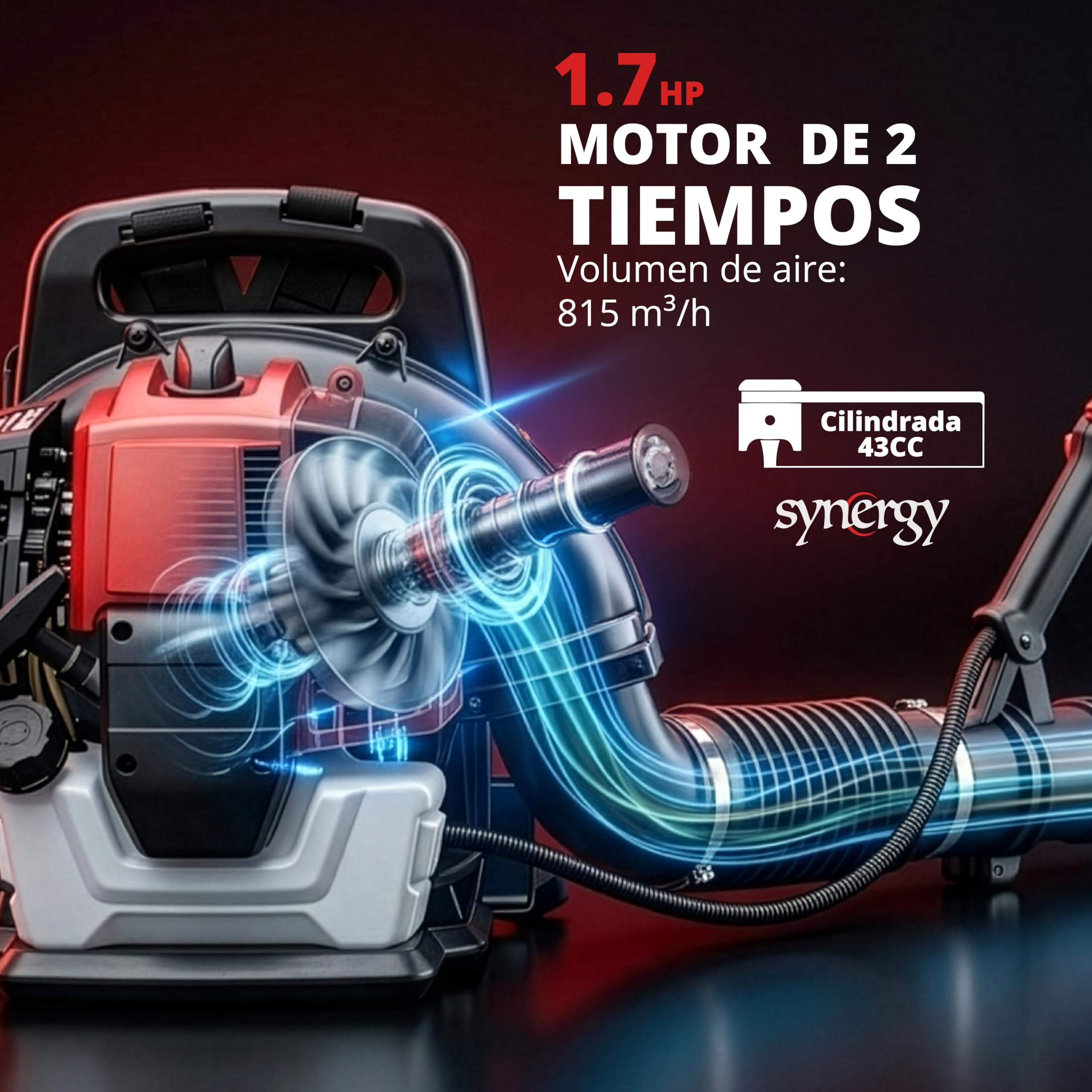 Soplador de Hojas Gasolina 43cc de Mochila – soplador de Aire Potente con Motor 2 Tiempos 1,6cv y Arranque fácil – Ideal para Jardines, ergonómico y Limpieza de caudal.