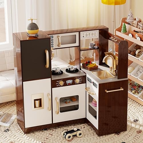 Miniatura 7 de TaoHFE Espresso Corner Play Kitchen con luces, juego de cocina para niños de 1 a 3 años, juego de cocina marrón para niños con accesorios de juego
