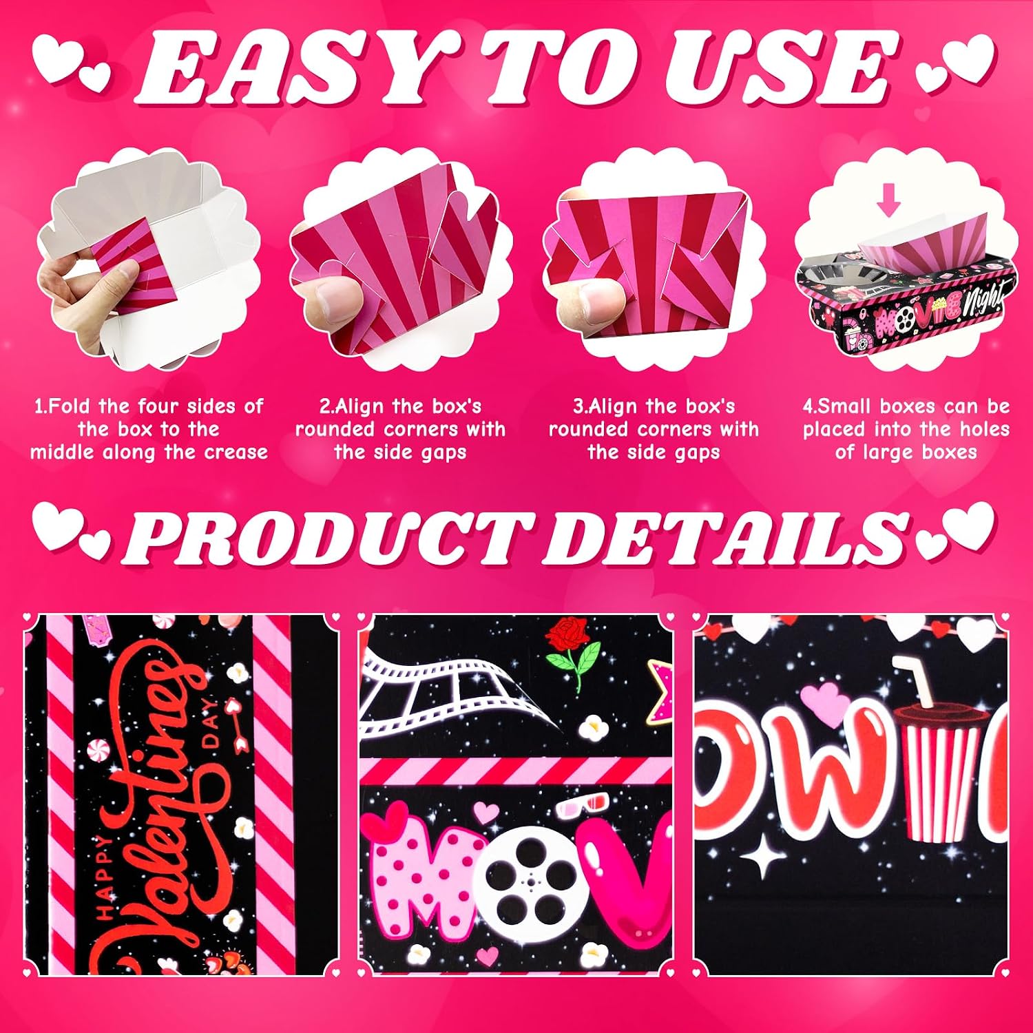 48 Pcs Valentine's Day Party Supplies - Movie Night Paper Snack Trays & Decorations - Heart Love Party Favors - Family Movie Popcorn & Drink & Candy Box image 3