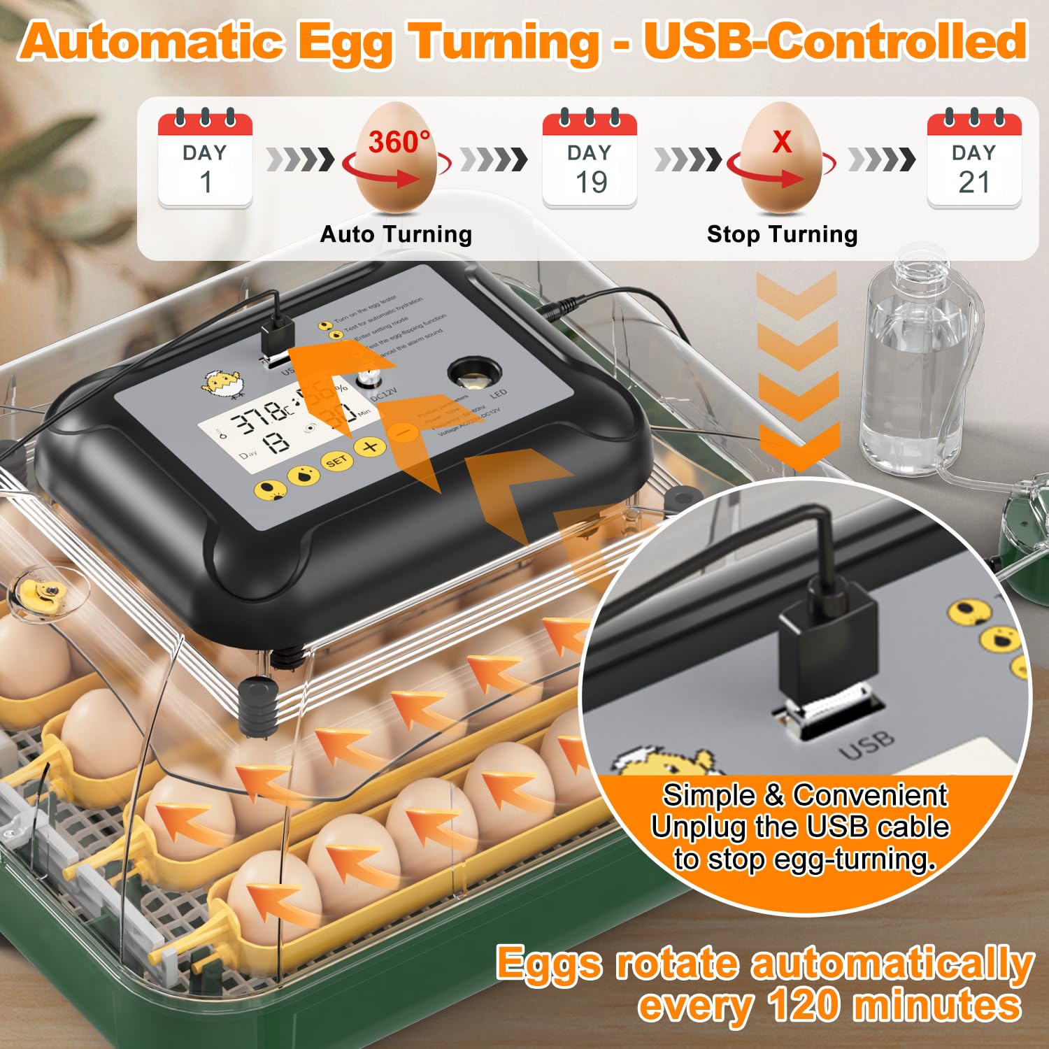 2026 Incubatrice per uova da cova con rotazione automatica delle uova, 63 incubatrice di pollo, Display di temperatura e umidità, giorno della schiusa, Candele per uova, Ricarica automatica dell'acqua