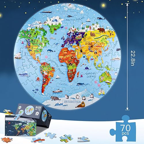 Miniatura 2 de Rompecabezas de Mapa del Mundo para Niños de 4-8 años, 70 Piezas de Rompecabezas de Piso Grandes y Redondos para Niños en Edad Preescolar,