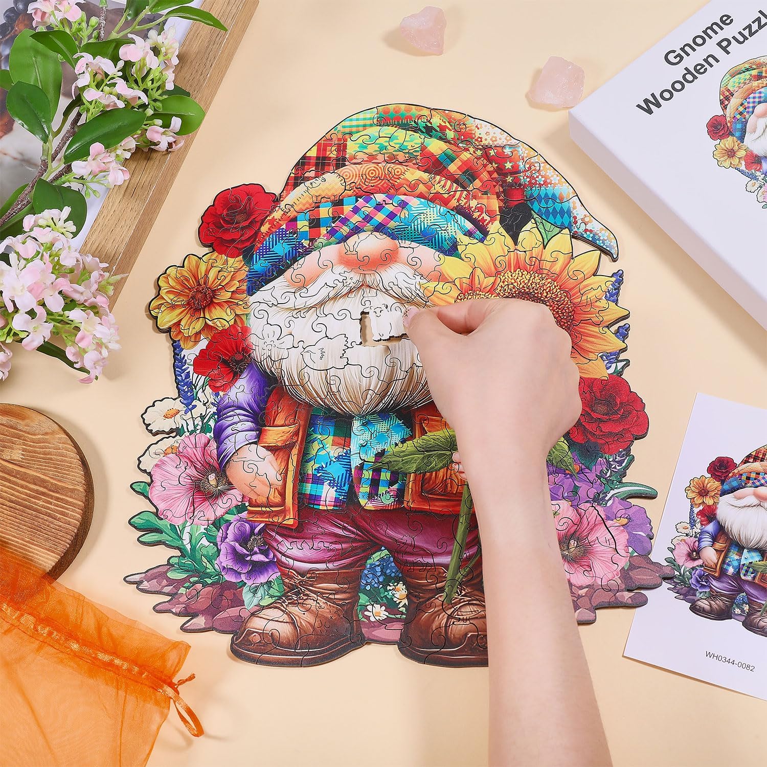 GLOBLELAND 200Pcs Gnome and Sunflower Wooden Jigsaw Puzzles for Adult 11.22x15.16inch Spring Dwarf Wooden Puzzles Colorful Unique Shaped Wood Puzzle for Anniversary Birthday