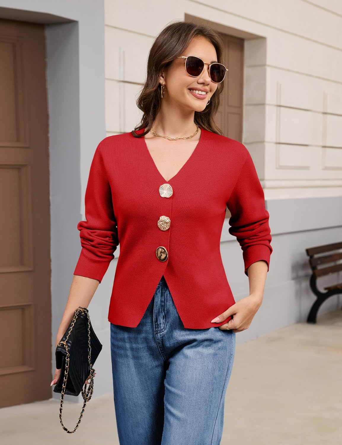 Daacee Cropped Cardigan Sweaters for Women V Neck Long Sleeve Gold Button Down Knit Cardigans Tops Outwear - Image 3