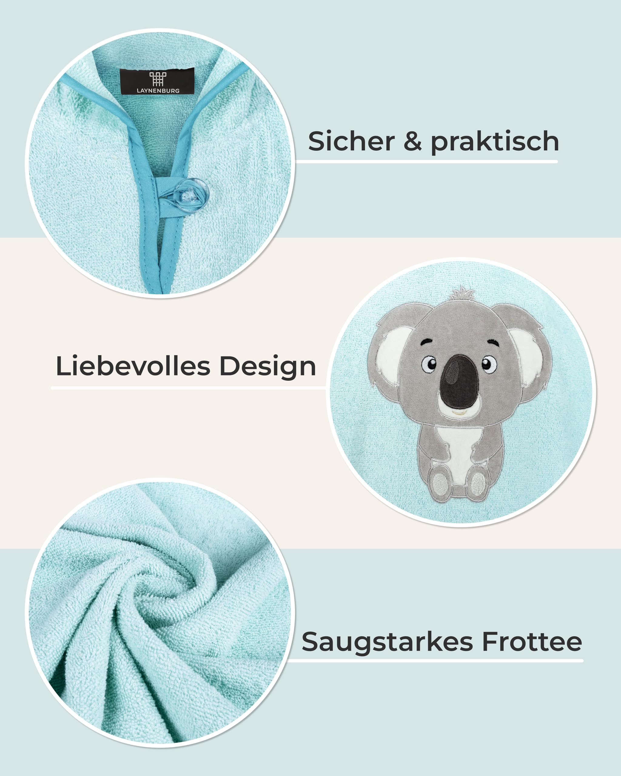 LAYNENBURG Ponczo kąpielowe premium dla dzieci z kapturem – 100% bawełna – Öko-Tex – dla chłopców i dziewczynek, ponczo frotte, Jasnoniebieski - Koala, 1-3 lat