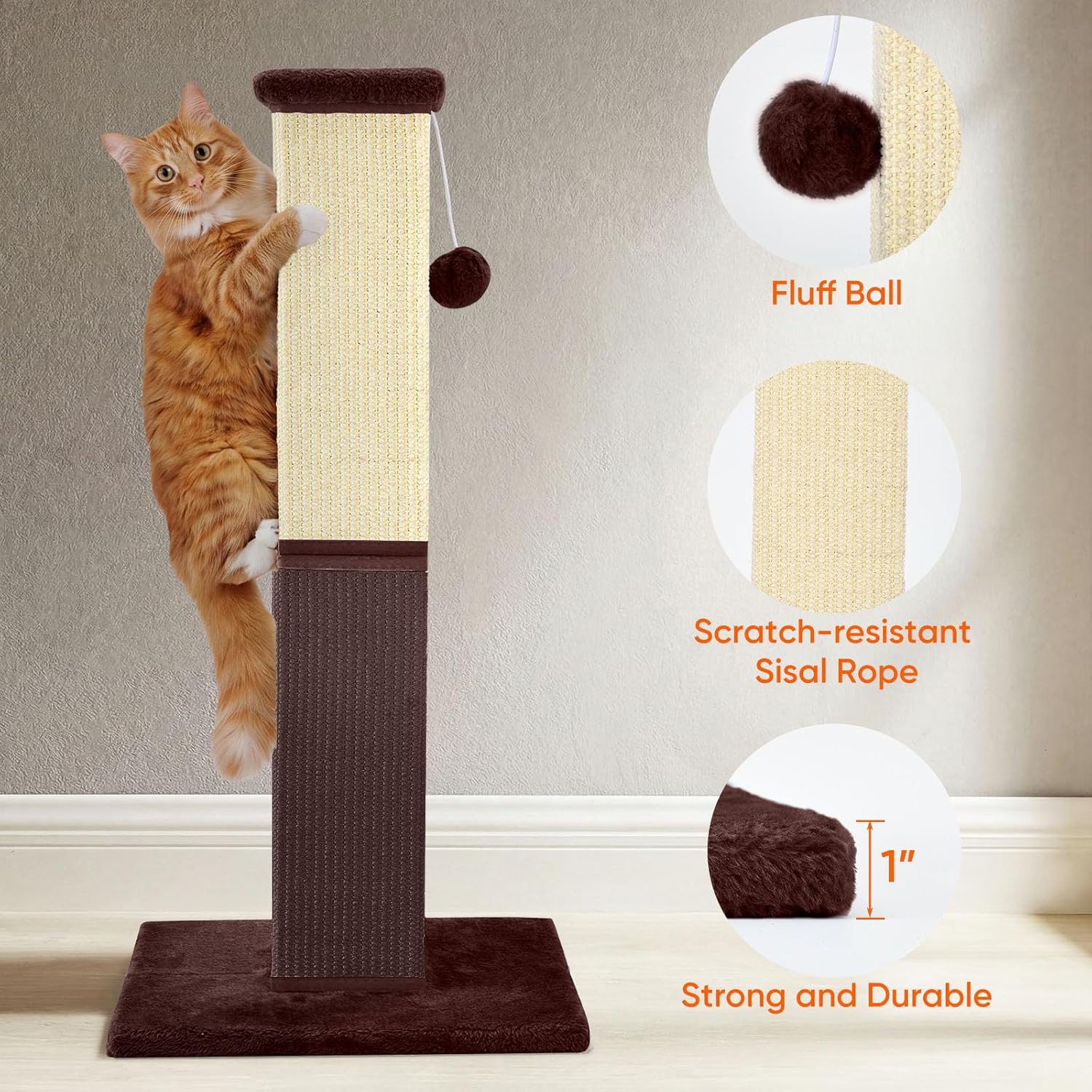 Cat Scratching Post, 32 Inch Cat Scratching Post for Large Cats, Cat Scratcher with Nature Sisal, Cat Scratch Post for Indoor Large Cats and Kitten, Brown