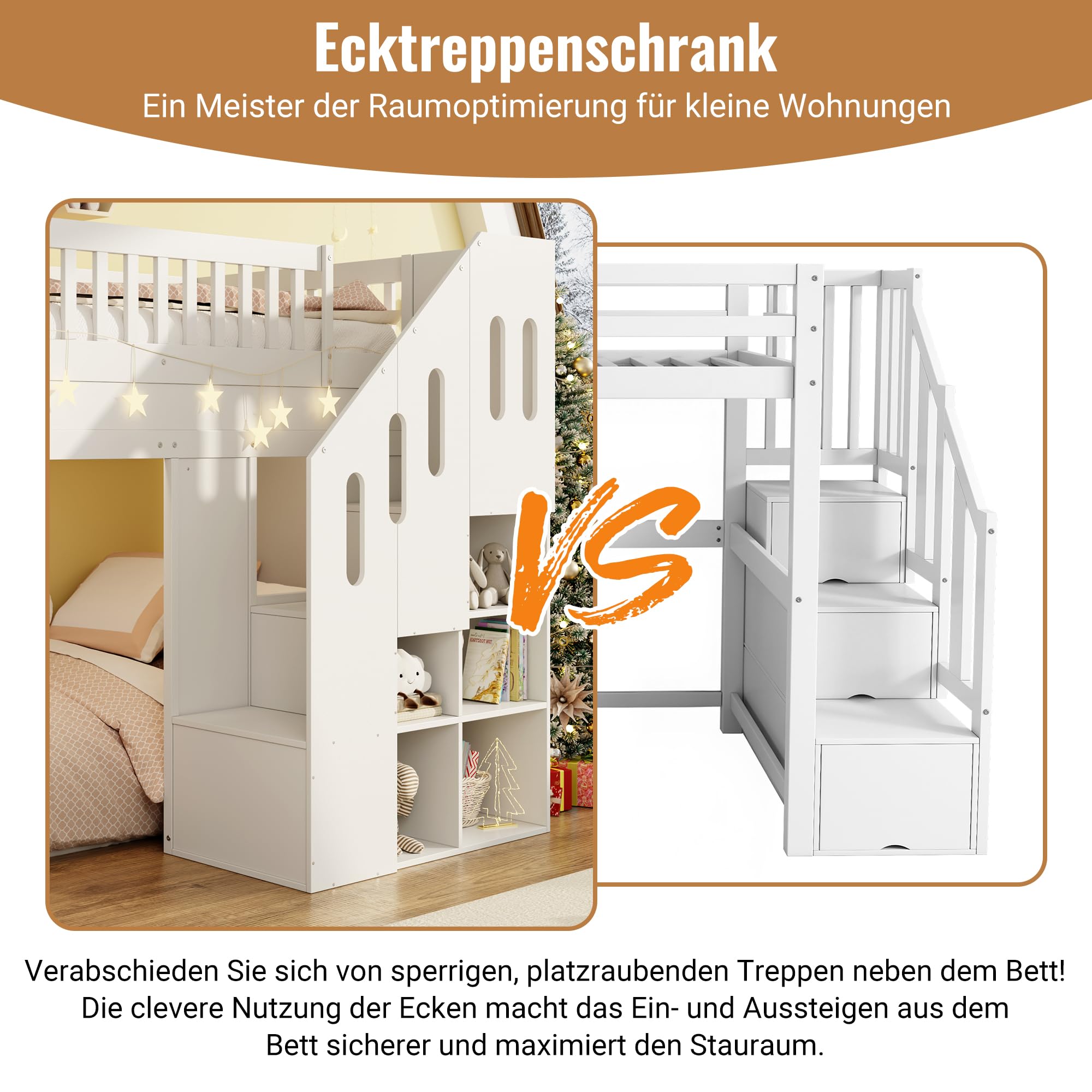 Merax Kinder Hochbett 90x200 cm, Etagenbett mit Rutsche, LED-Lichtleiste, Rausfallschutz und Stauraumtreppe, Massivholz & MDF, Weiß (ohne Matratze)