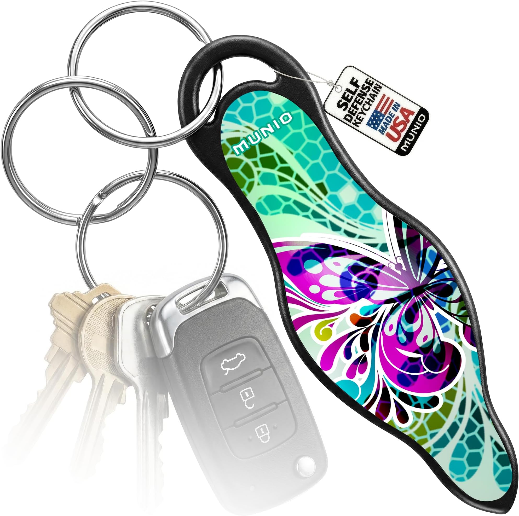 MUNIO Self Defense Keychain – Lightweight, Stylish & Portable Safety Tool for Women & Men – Non-Lethal Kubotan, Easy to Use, TSA Approved – Made in USA – Butterfly Glass Design