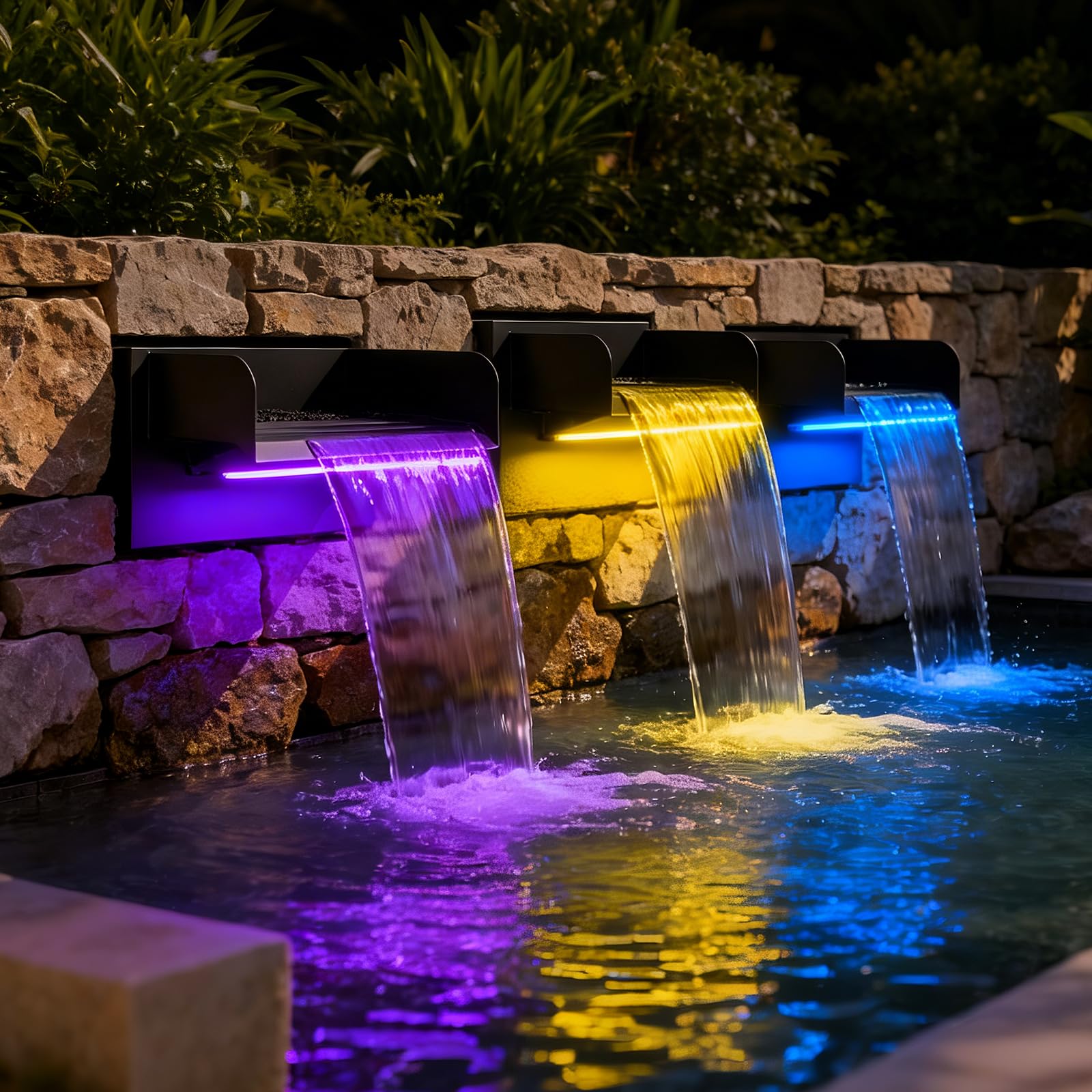 Edelstahl Wasserfall Set 30 cm mit LED Fernbedienung 45 W 3500 L/h Pumpe für Garten Teich Schwimmbad