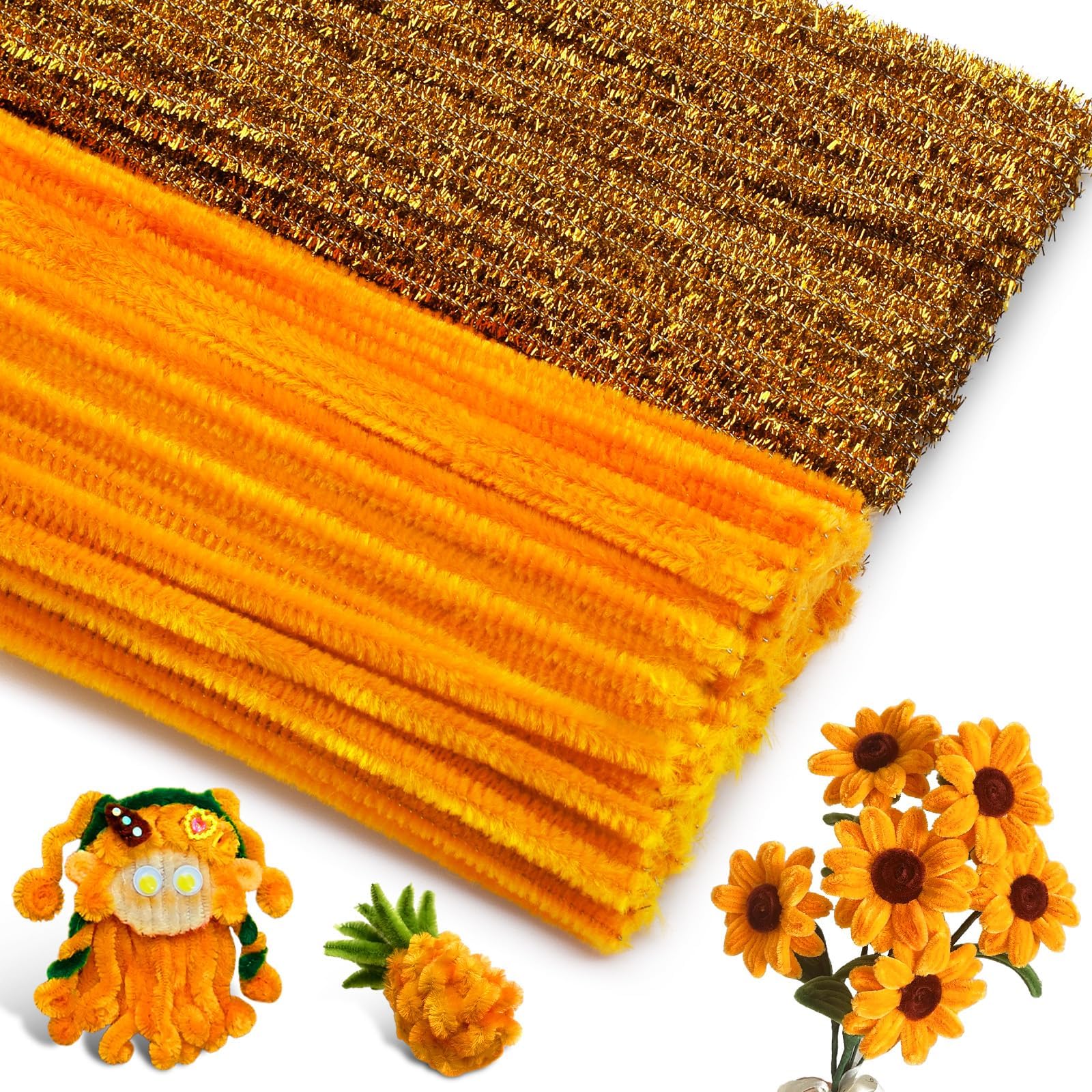 200 PCS Gold Pipe Cleaners Chenille Stem Set,100 PCS Orange +100 PCS Glitter Gold Craft Pipe Cleaners,DIY Fuzzy Sticks,Pipe Cleaners Bulk for Arts and