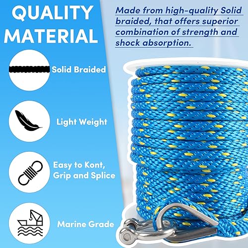 Vista 138 de Cuerda de anclaje premium de 100 pies x 3/8 pulgadas, cuerda marina de línea de anclaje MFP trenzada sólida con dedal y grillete, color negro
