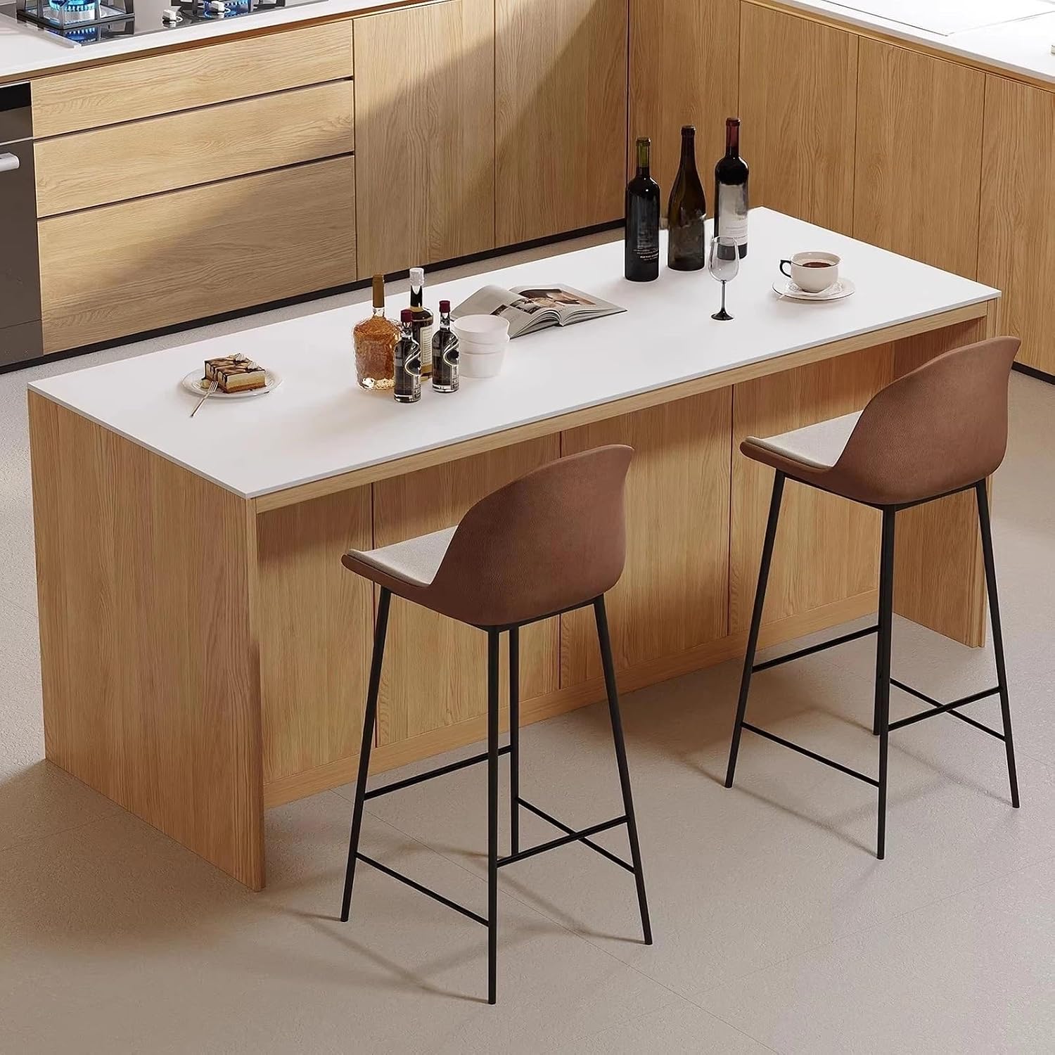 Storage Trolley Kitchen Island Cabinet with Stone Top Wood Storage & Shelves Doors Drawers Shelving Organizer(Brown,Small)