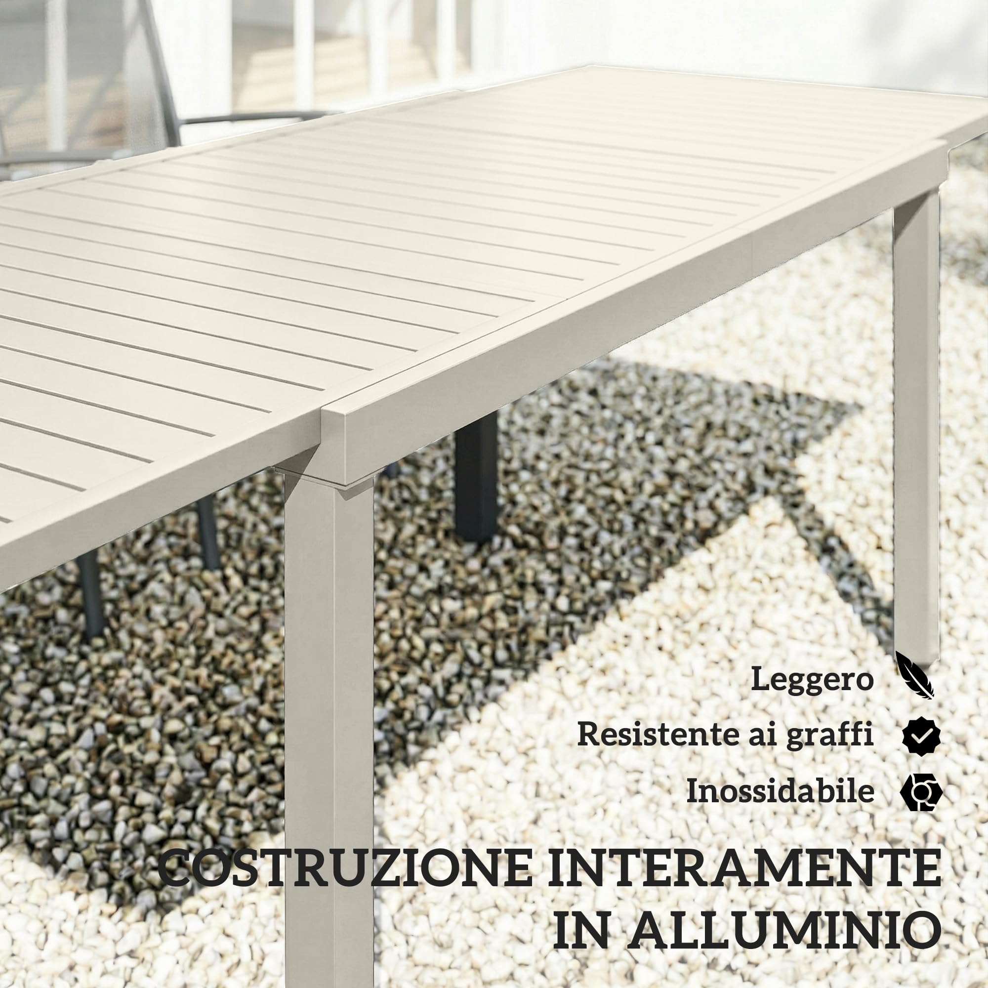 Outsunny Tavolo da Giardino Allungabile per 6-8 Persone 150/225x85 cm, Tavolo da Pranzo Estensibile Rettangolare in Alluminio con Piano a Doghe, Tavolo da Esterno per Patio Terrazzo Balcone, Bianco