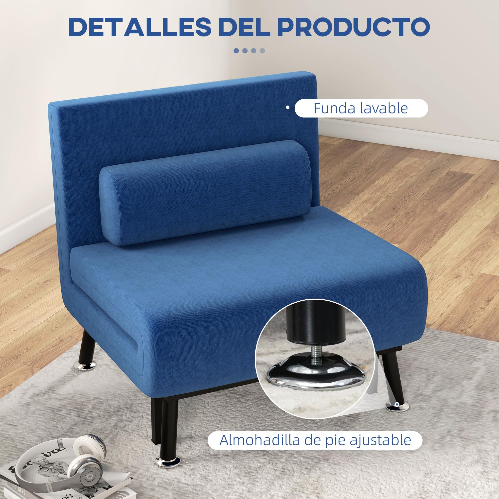 HOMCOM Sofá Cama de 1 Plaza 3 en 1 Sofá Cama Plegable Tapizado en Lino con Respaldo Ajustable de 5 Niveles y Almohada Acolchada para Oficina Dormitorio Salón 75x70x75 cm Azul Oscuro