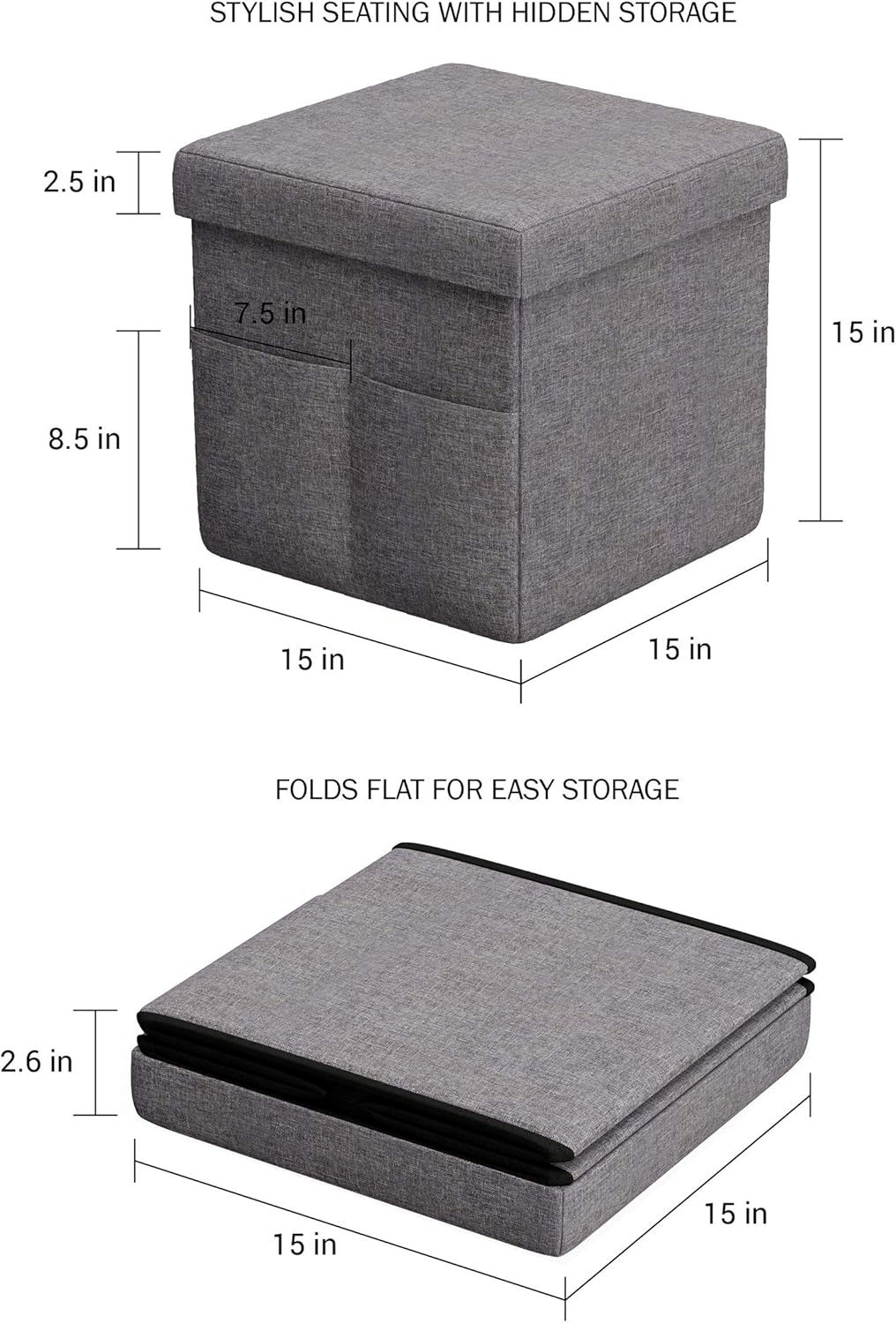 Set of 2 Ottomans with Storage Pockets - 15-Inch Folding Foot Rests or Storage Organizers for Bedroom, Living Room, or Dorm by Lavish Home (Gray)