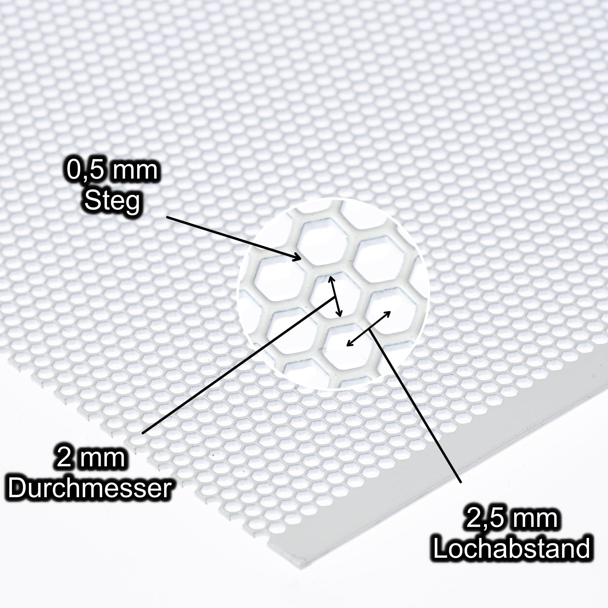 Lochblech HV2-2,5 – 1mm Stahl, RAL 9016, 500x100mm, Pulverbeschichtet, Wunschzuschnitt Möglich