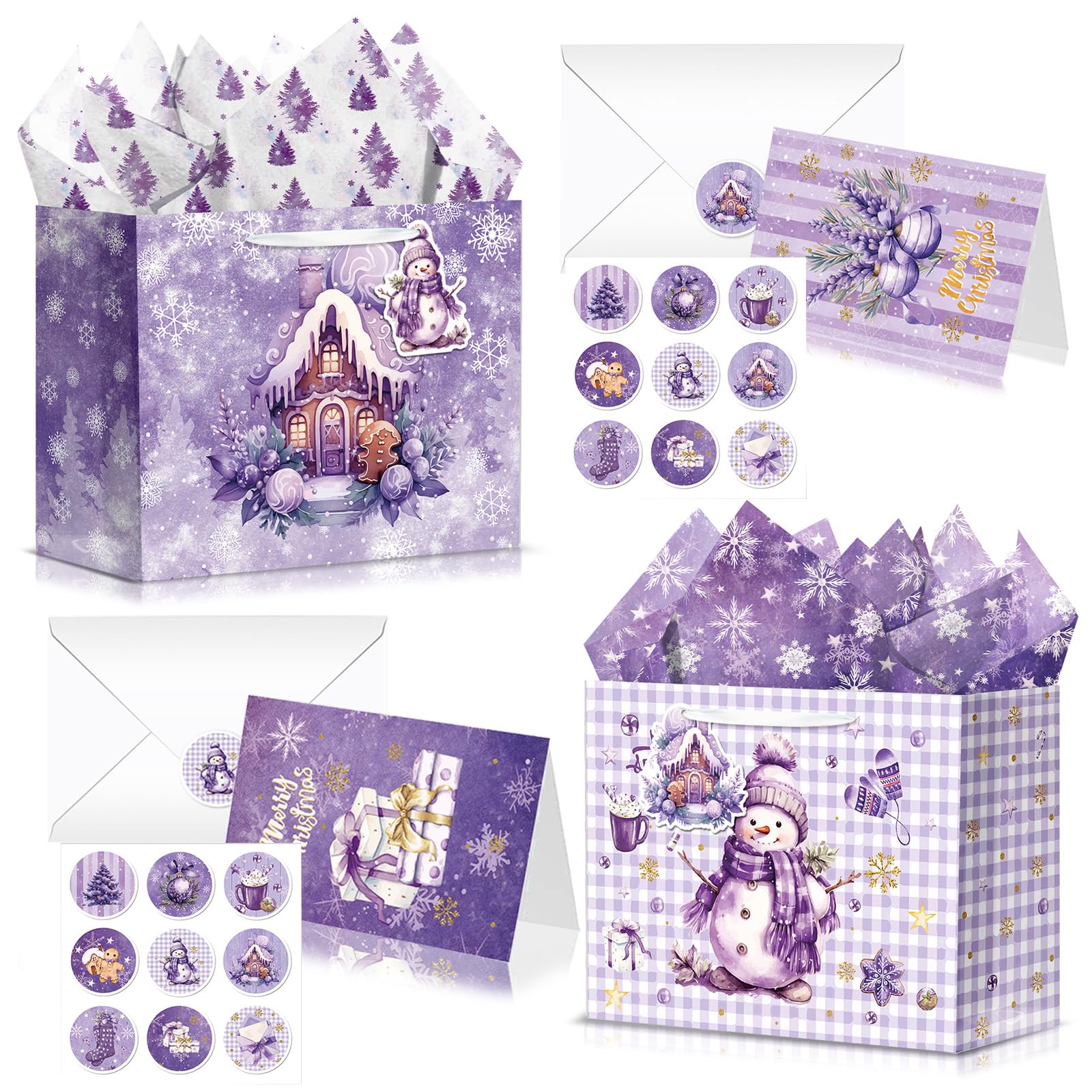2 Sets Large Christmas Paper Gift Bags for Presents,33*26*12cm Santa Purple Xmas Gift Bag with 2 Wrapping Tissue/2 Cards/2 Envelopes/2 Stickers,Xmas Wrapping Bag for Christmas Holidays Party Favors