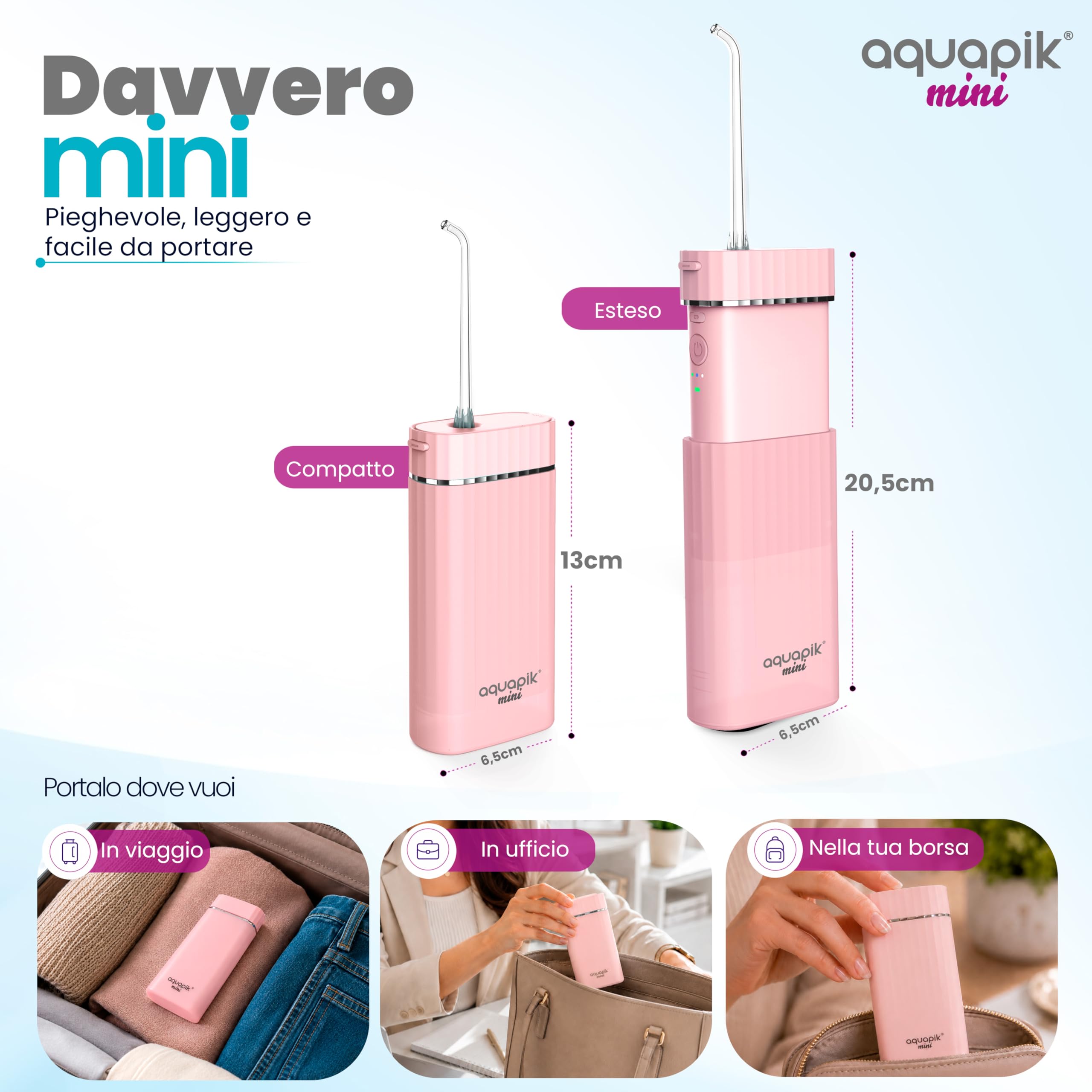 Aquapik® Mini Idropulsore Dentale/Orale Portatile 200 ml con serbatoio telescopico, ricaricabile USB-C, 3 modalità, impermeabile IPX8, ideale per viaggi e ufficio, pulizia profonda di denti e gengive