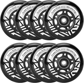 8 Pack Inline Skate Wheels 72mm, 76mm, 80mm - ABEC9 Bearing - 85A Durometer PU - Compatible with Rollerblade, Roller Derby, K2 Skate Black, 76MM