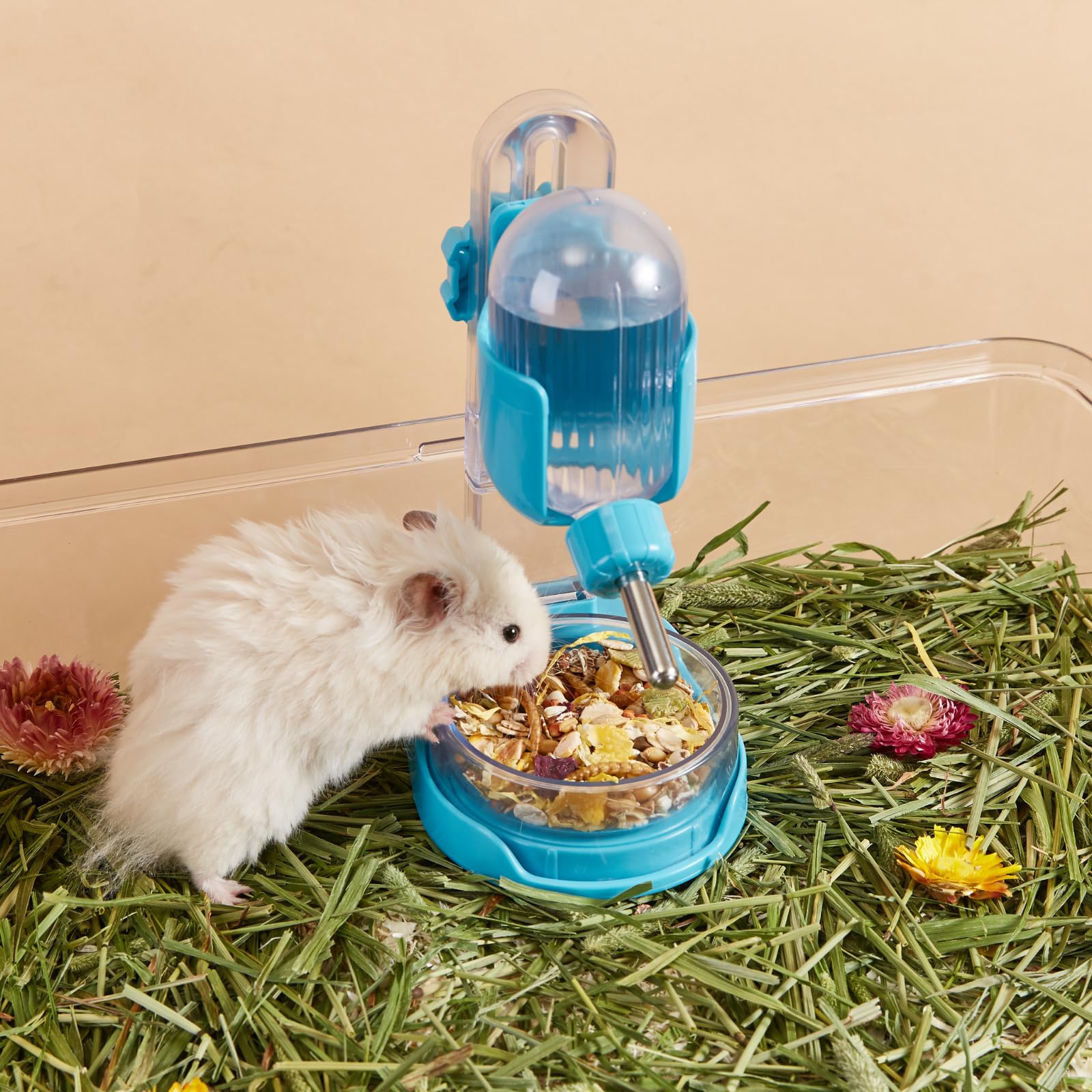 Bouteille d'eau pour Hamster avec Support, Distributeur d'eau de 100 ML avec Bol de Nourriture pour Hamsters Syriens, Hamsters Nains, Souris, Rats, Dégus (Bleu, P1692- Autoportant)