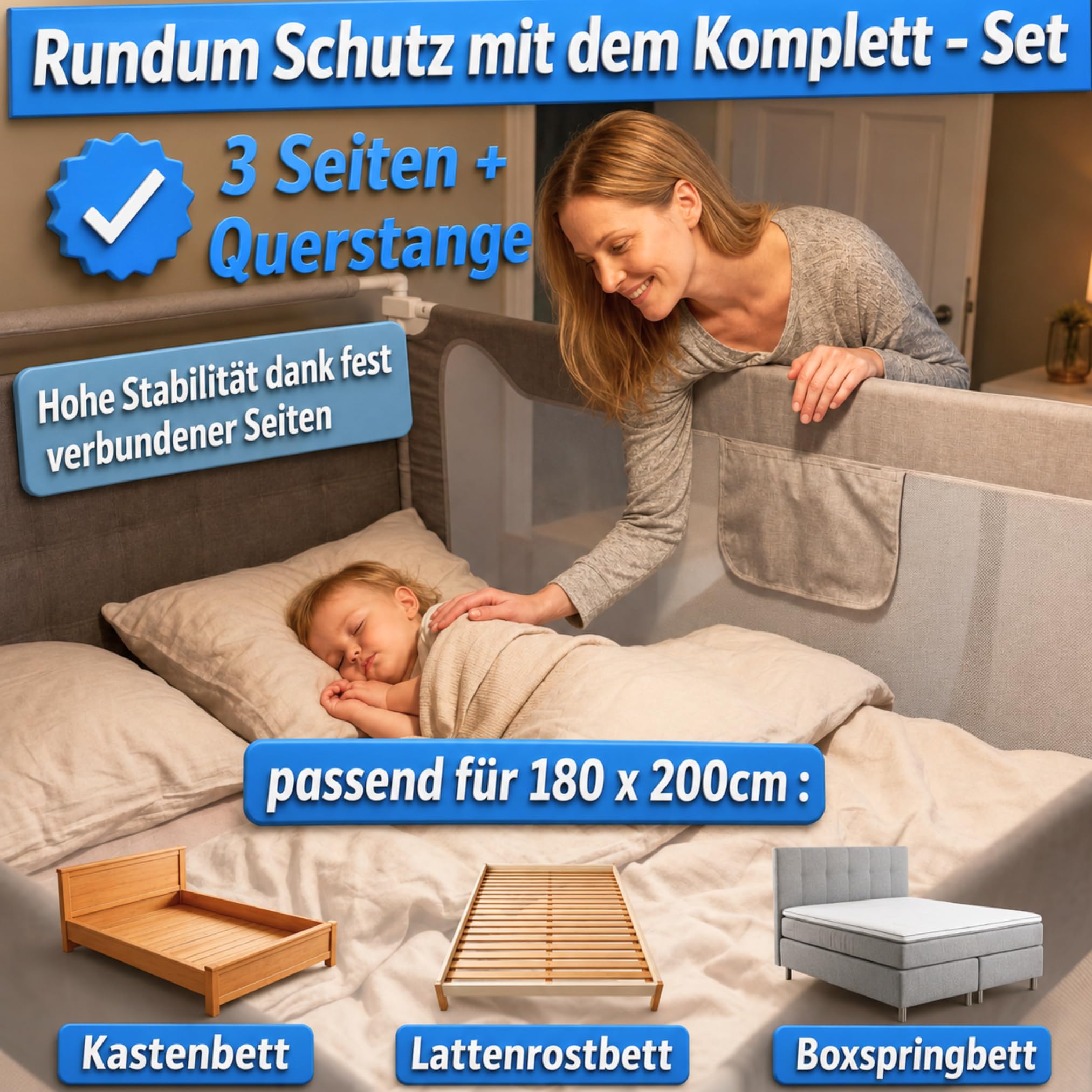 Rausfallschutz Boxspringbett Bettgitter Set 180x200cm 3er Set – zertifizierte Sicherheit für Kinder