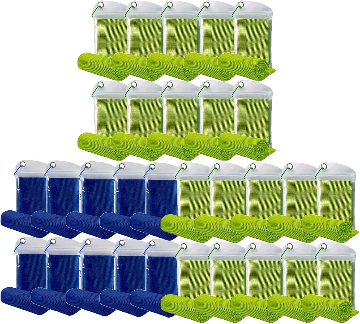 30 Pack Cooling Towels Bulk Microfiber Ice Quick Dry Breathable Chilly Sweat Towel Stay Cool Towel for Neck Face Yoga Gym Pilates Beach with Carabin Bag, 40x12'', Green and Dark Blue