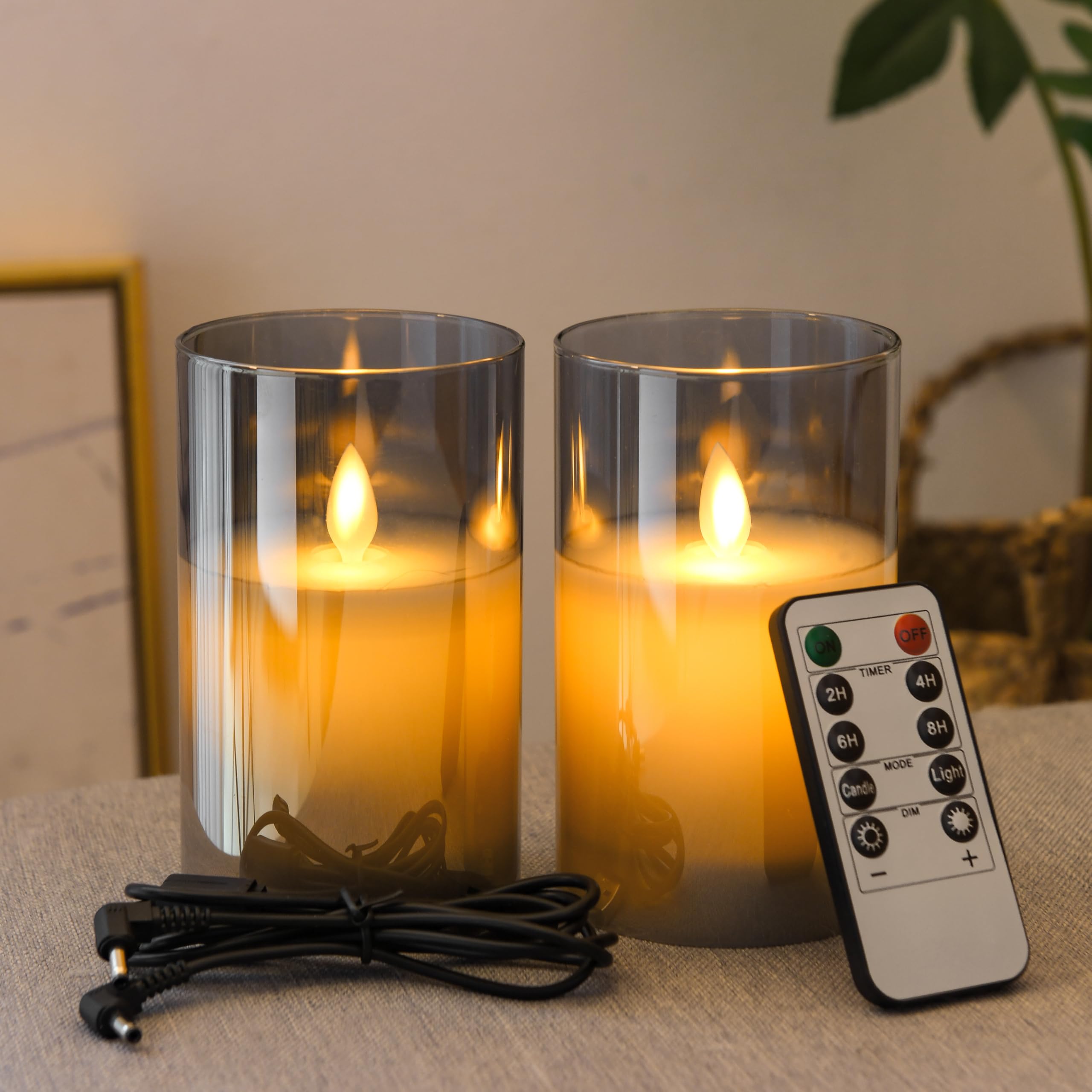 FiiMoo Velas LED Recargables, Pack de 2, LED Velas con Mando, Velas de Pilas con Temporizador, Velas Recargables USB, LED Velas Para Navidad, Fiestas, Bodas, Cumpleaños Decoración-12.5cm Vidrio Gris